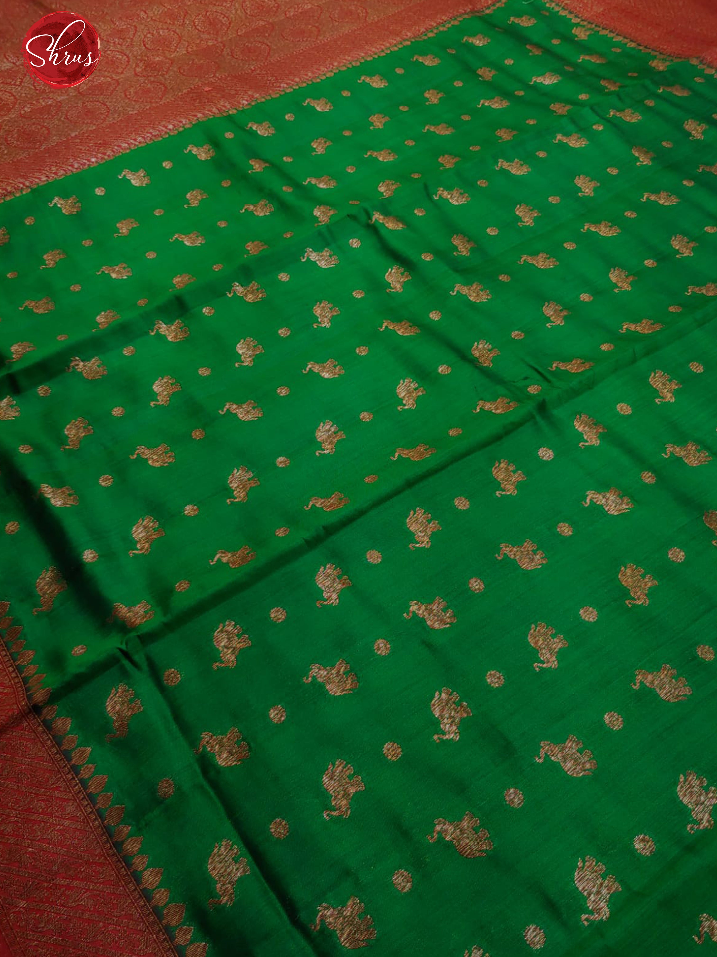 Green & Red - Banarasi Silk with Zari woven elephant buttas on the body & contrast Zari Border - Shop on ShrusEternity.com