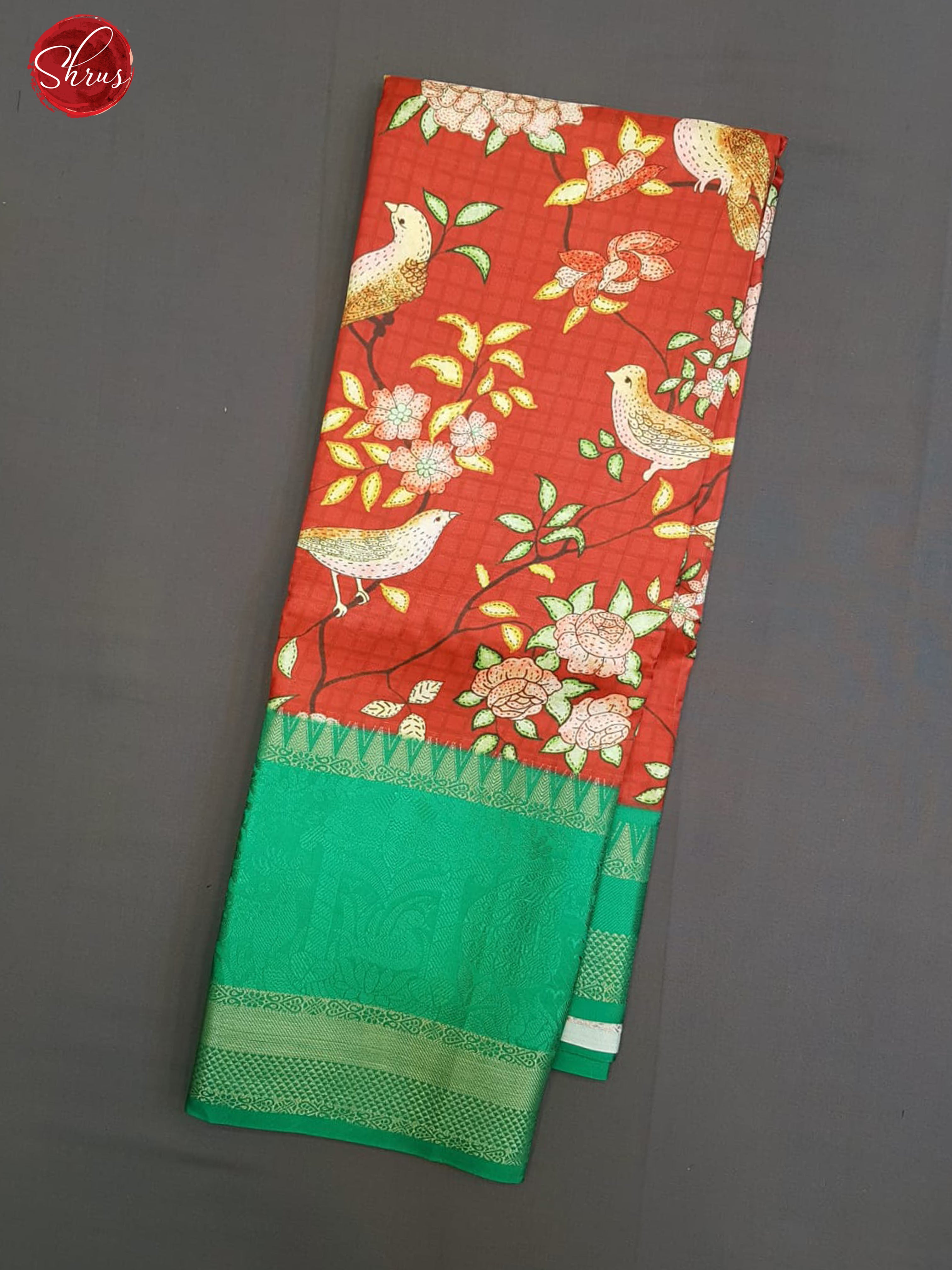 Red & Green - Semi Dupion with floral print on the body & Zari Border - Shop on ShrusEternity.com