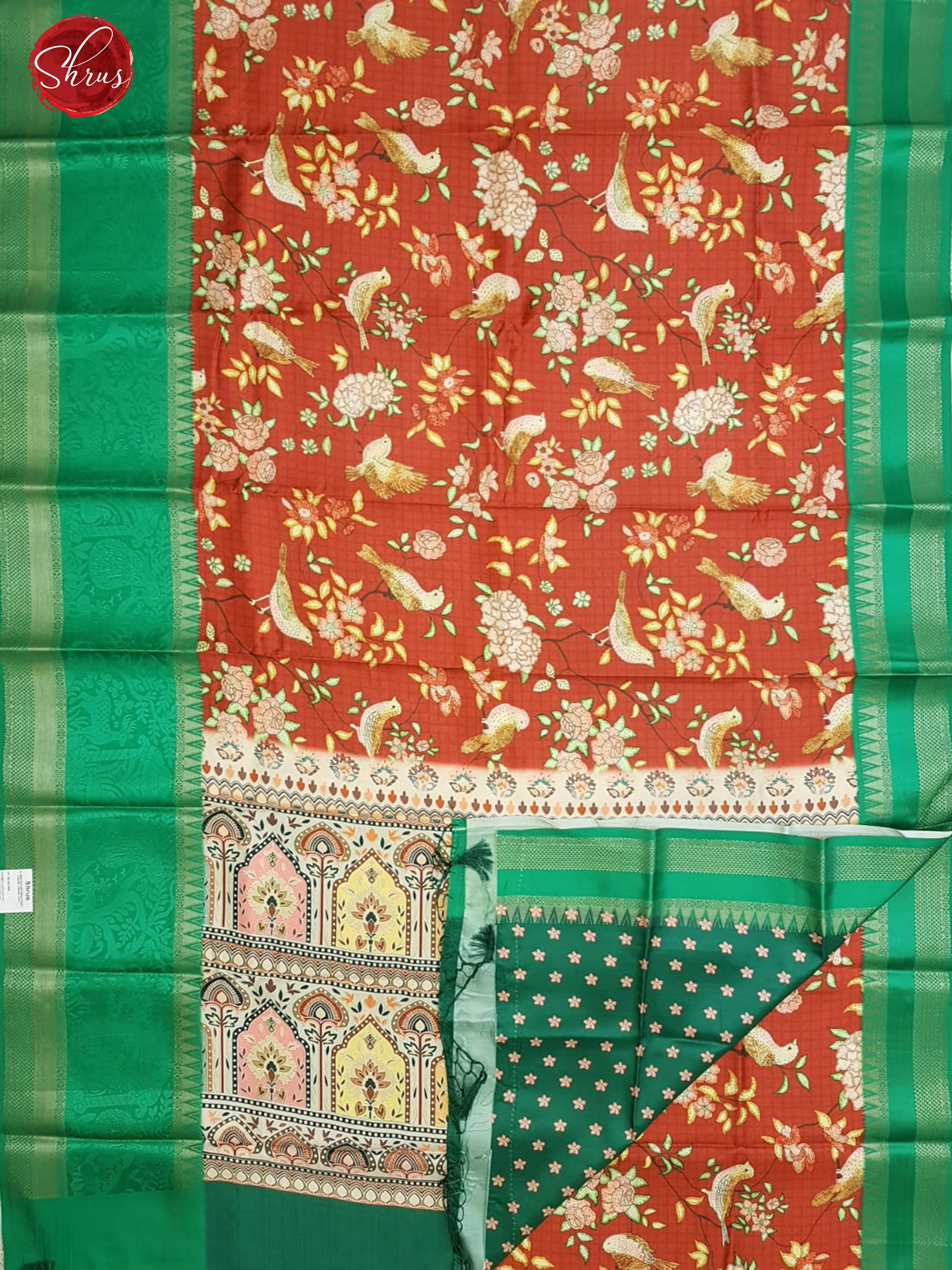 Red & Green - Semi Dupion with floral print on the body & Zari Border - Shop on ShrusEternity.com