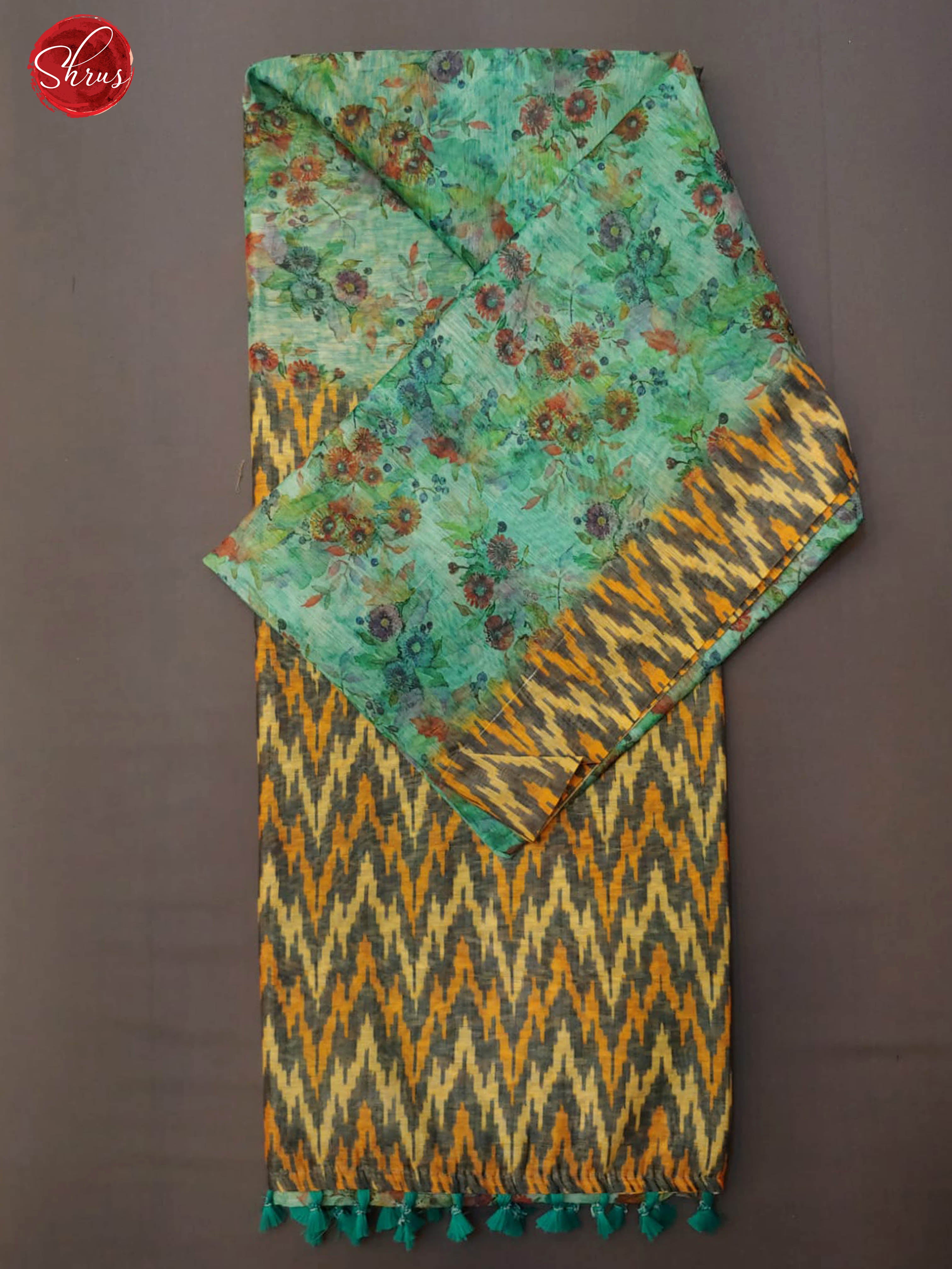 Teal Green & Mustard - Semi Jute with floral print on the body & Contrast Border - Shop on ShrusEternity.com