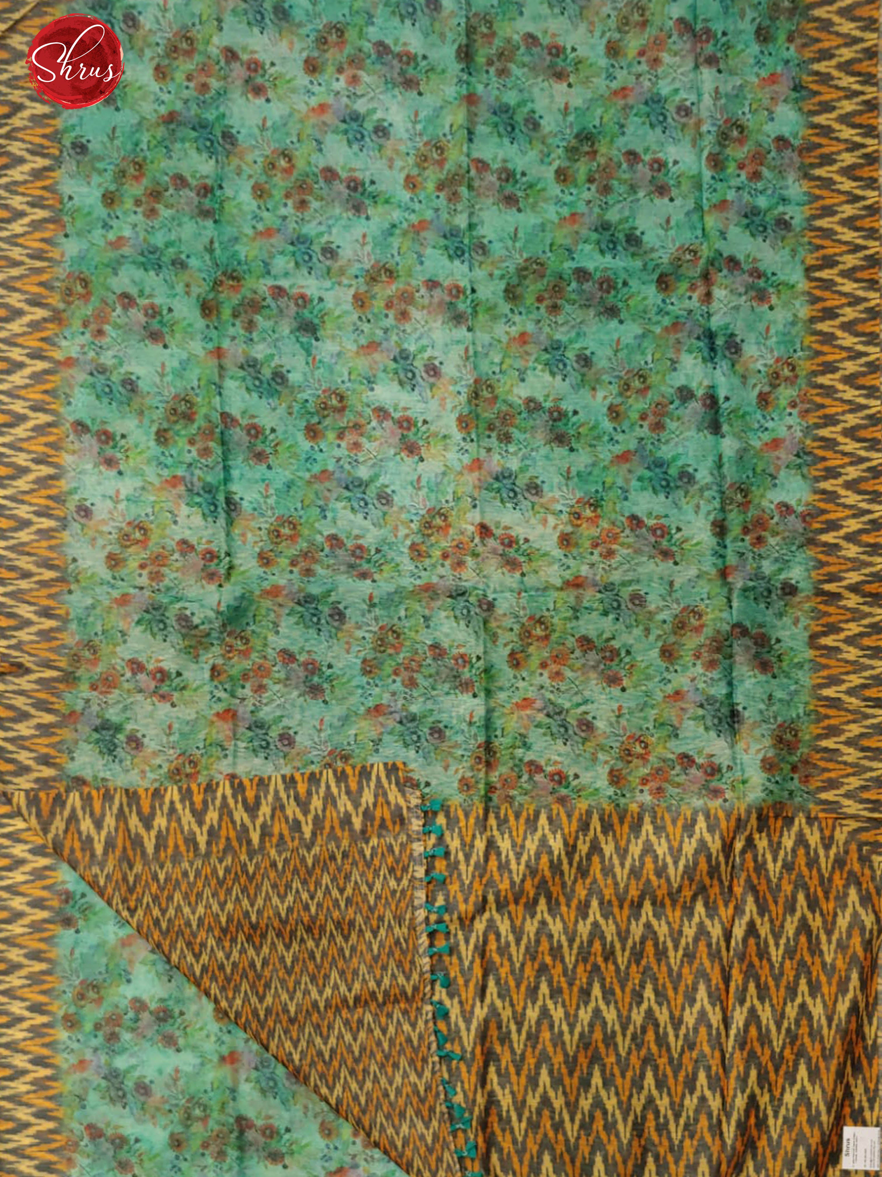 Teal Green & Mustard - Semi Jute with floral print on the body & Contrast Border - Shop on ShrusEternity.com
