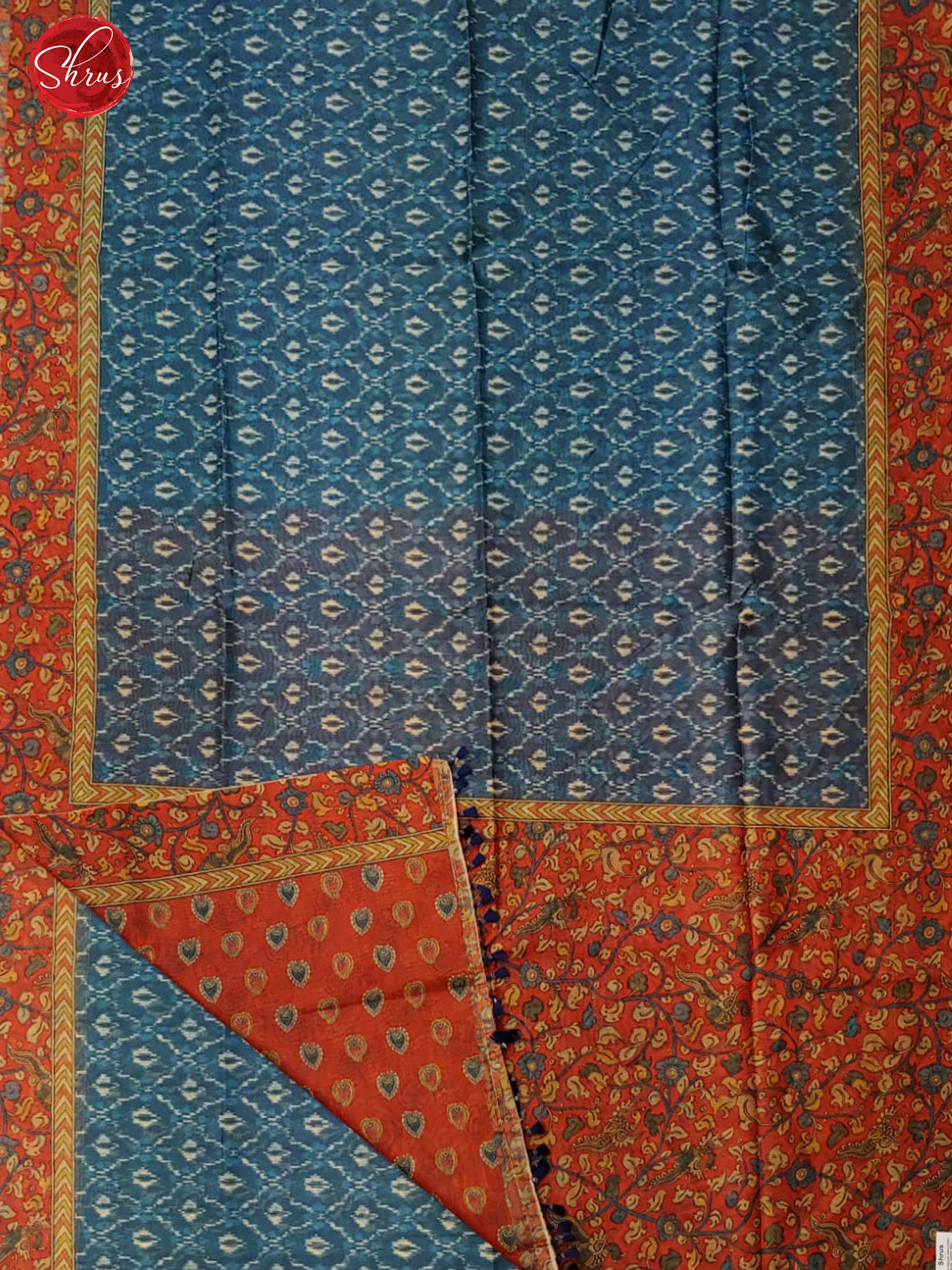 Blue & Red -Semi Jute with floral print on the body & Contrast Border - Shop on ShrusEternity.com