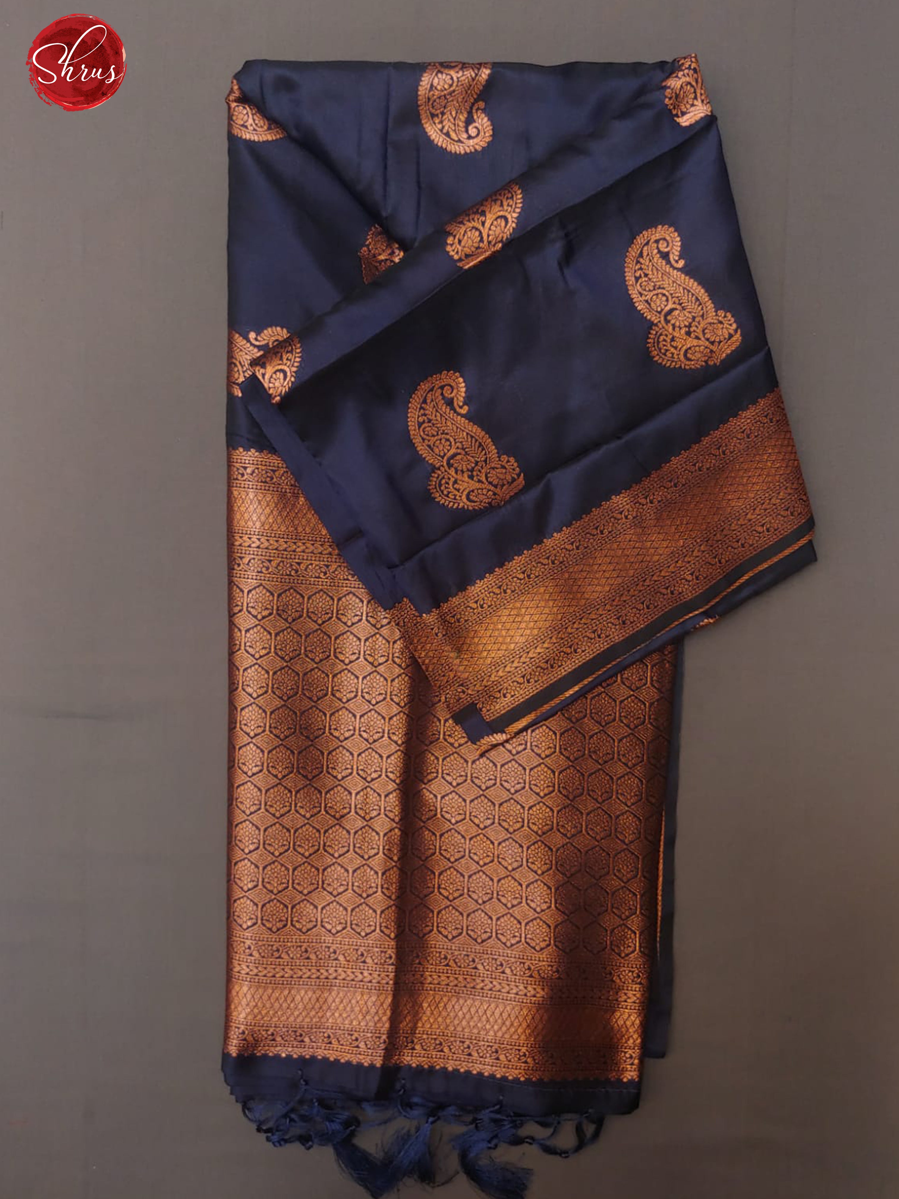Navy Blue(Single Tone)- Semi Khatan with zari woven floral paisleys motifs on the body & Zari Border - Shop on ShrusEternity.com