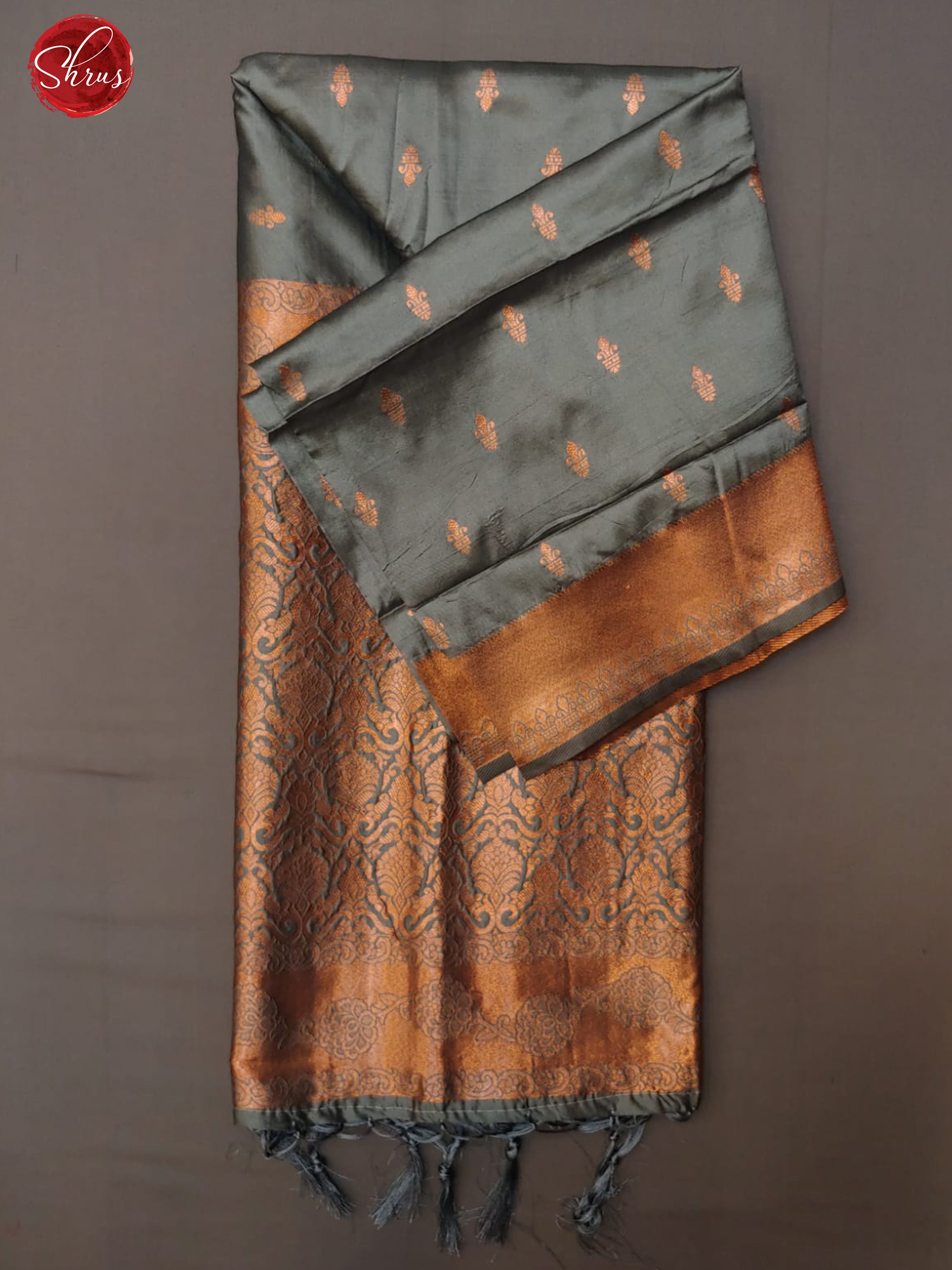 Grey(Single Tone)- Semi Khantan with zari buttas on the body& Zari Border - Shop on ShrusEternity.com