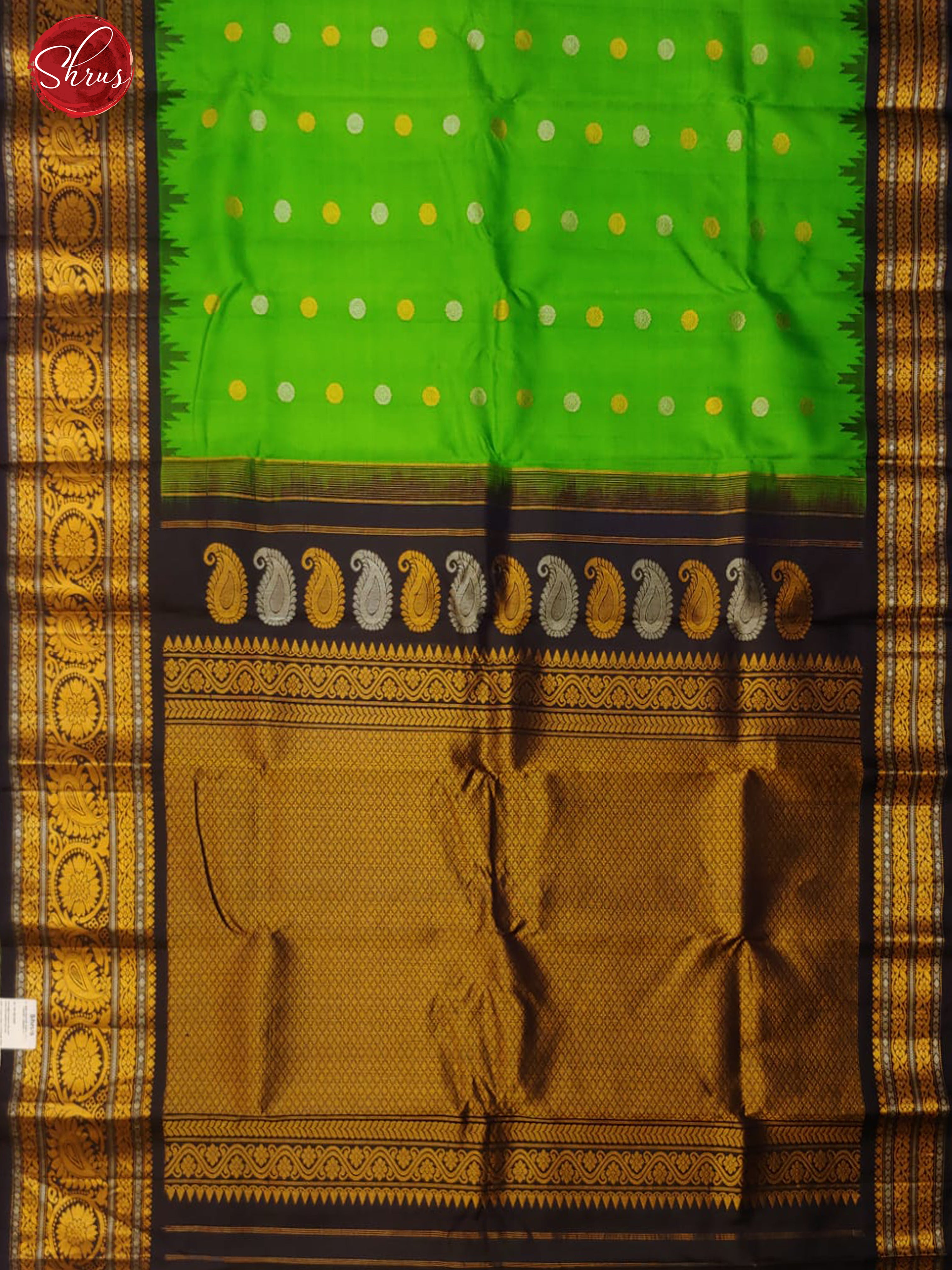 Green & Black - Gadwal Silk with gold, silver zari woven round buttas on the body & Contrast Zari Border - Shop on ShrusEternity.com