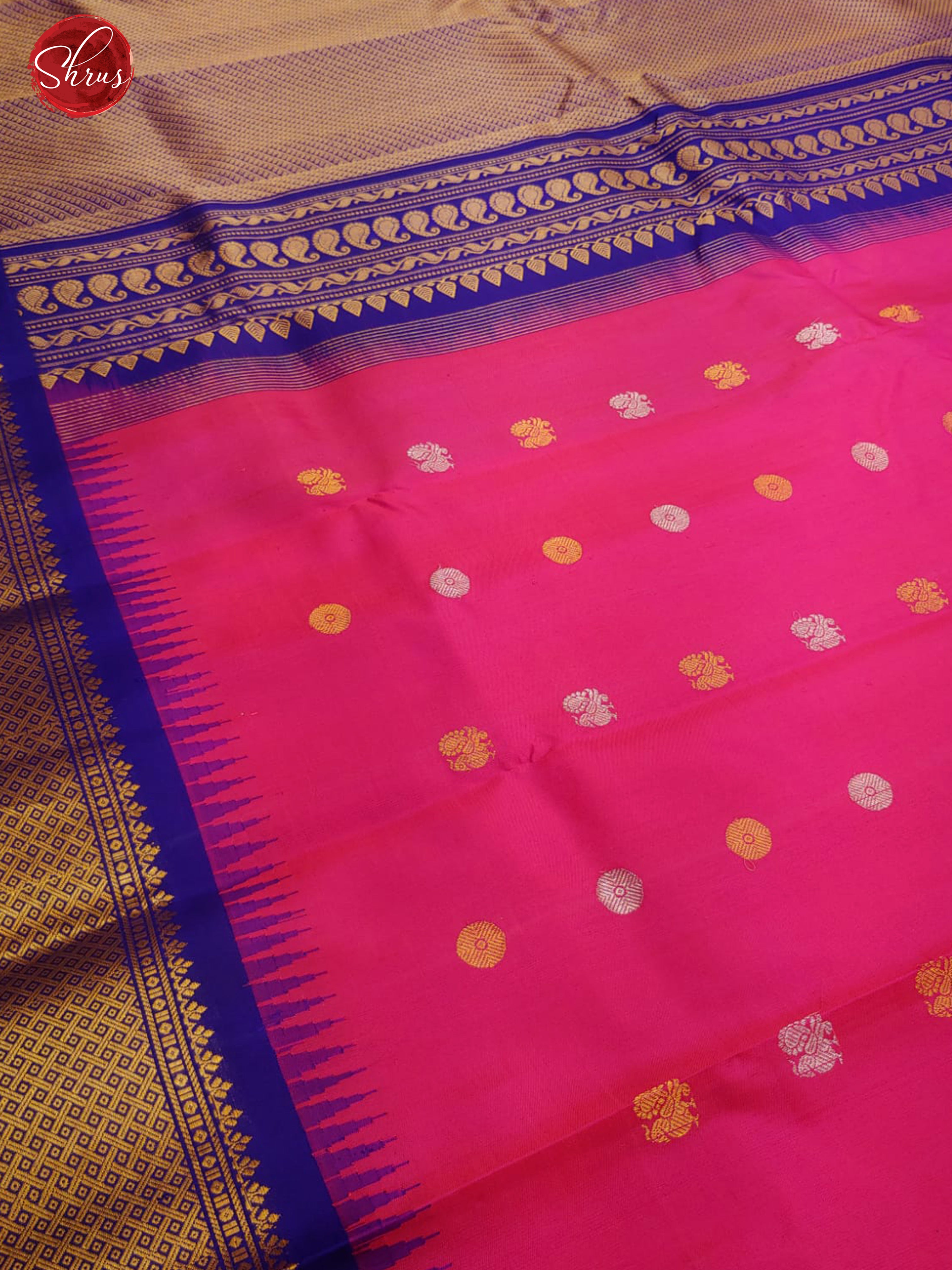 Pink & Blue - Gadwal Silk with gold, silver zari peacock , floral buttas on the body &  Contrast Zari Border - Shop on ShrusEternity.com