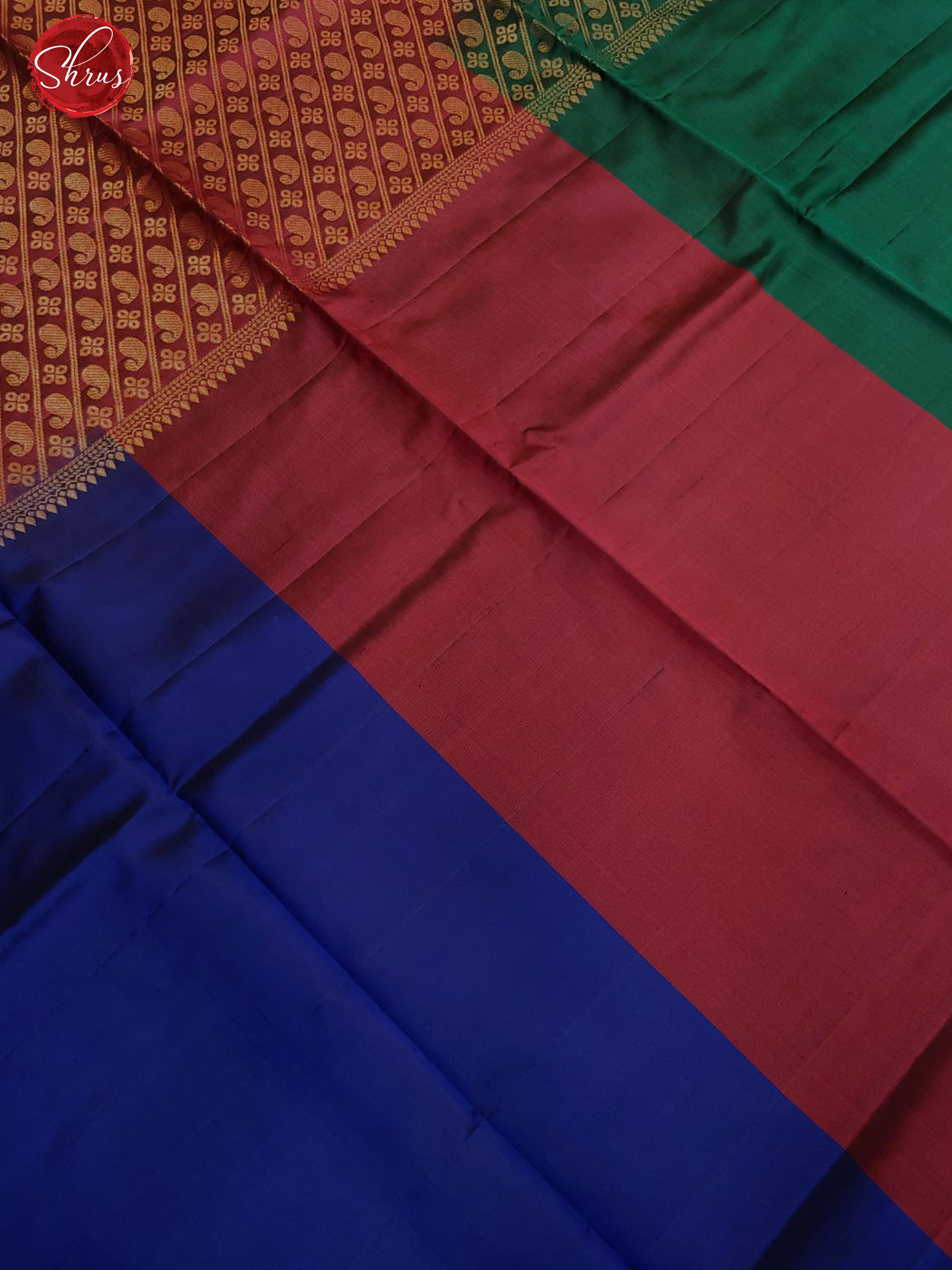 Green/Maroon/Blue & Maroon - Soft Silk with Tri-Colored body & with a thin gold zari borders - Shop on ShrusEternity.com