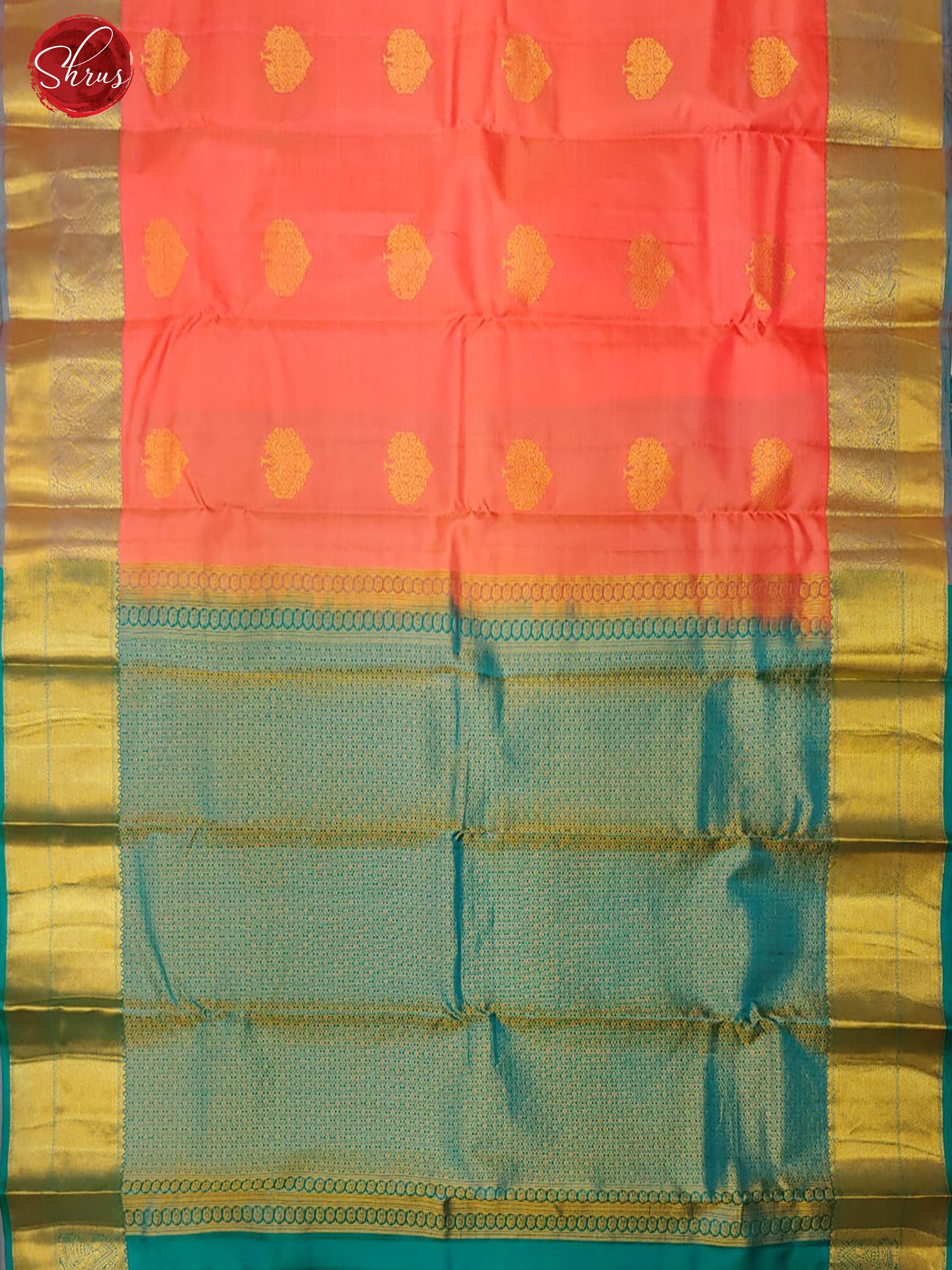 Orangish Pink & Teal - Kanchipuram Silk with zari woven floral motifs on the body & Contrast Zari Border - Shop on ShrusEternity.com
