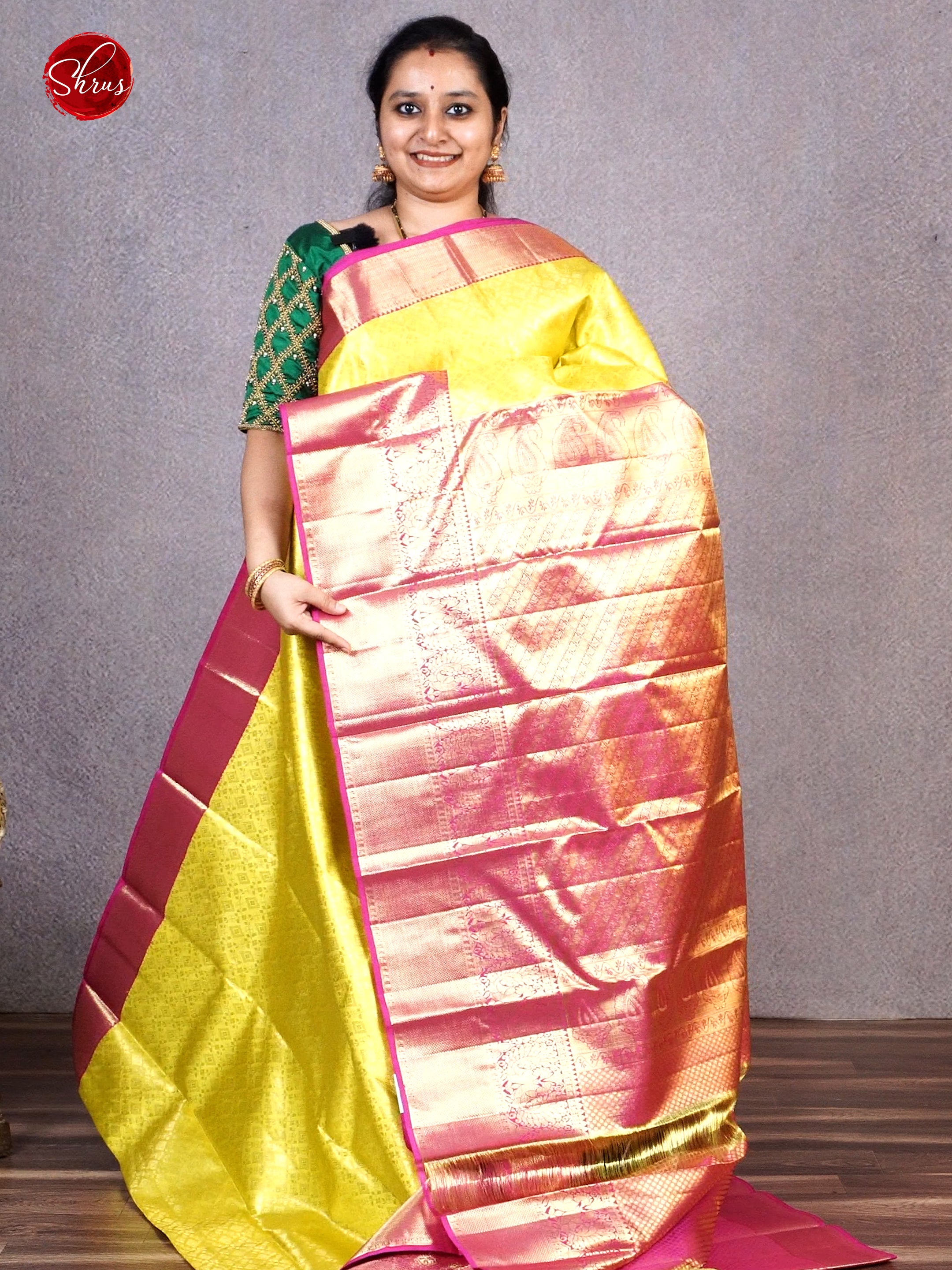 Lime Yellow  & Pink - Kanchipuram Silk with zari woven floral brocade on the body& Zari Border - Shop on ShrusEternity.com