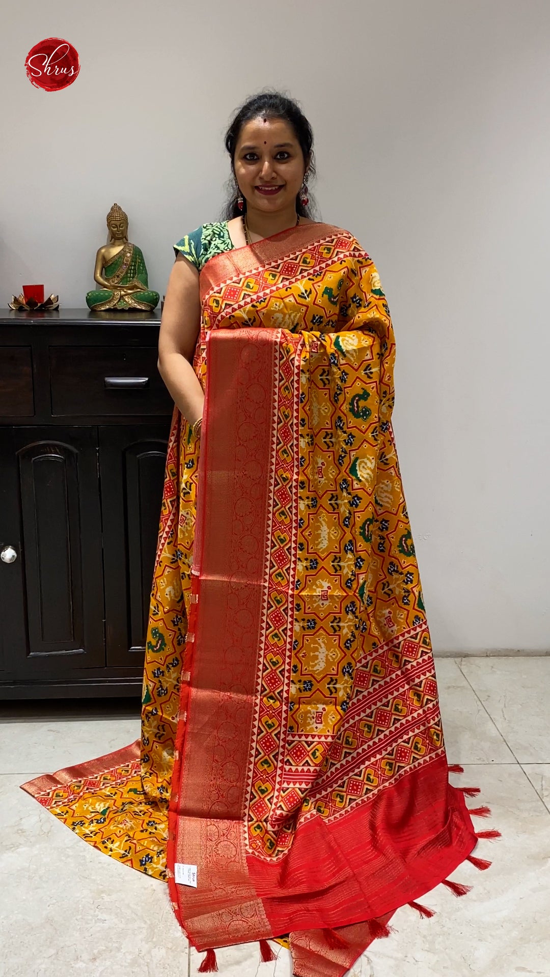 Yellow & Red - Semi Crepe with floral print on the body& Zari Border - Shop on ShrusEternity.com