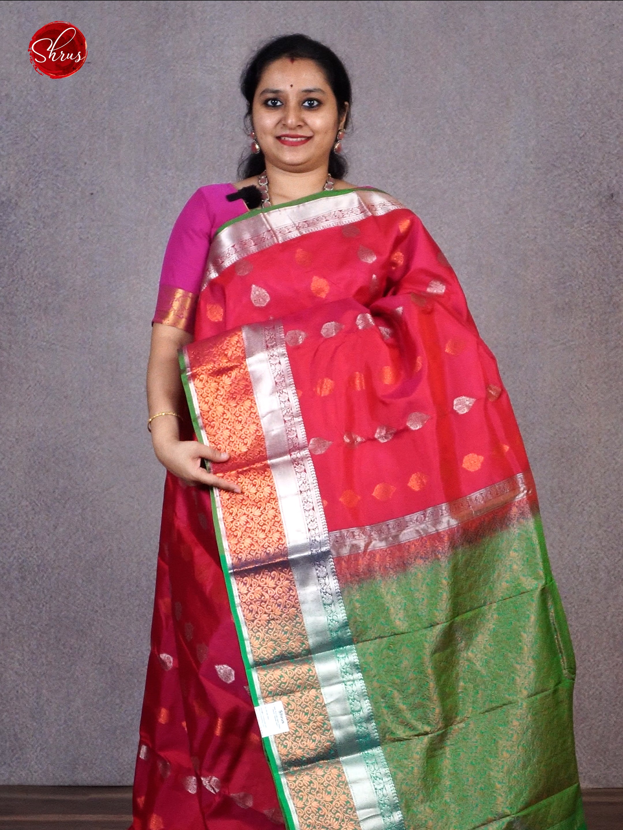 Pink & Green - Kanchipuram Silk with zari buttas on the body& Contrast Zari Border - Shop on ShrusEternity.com