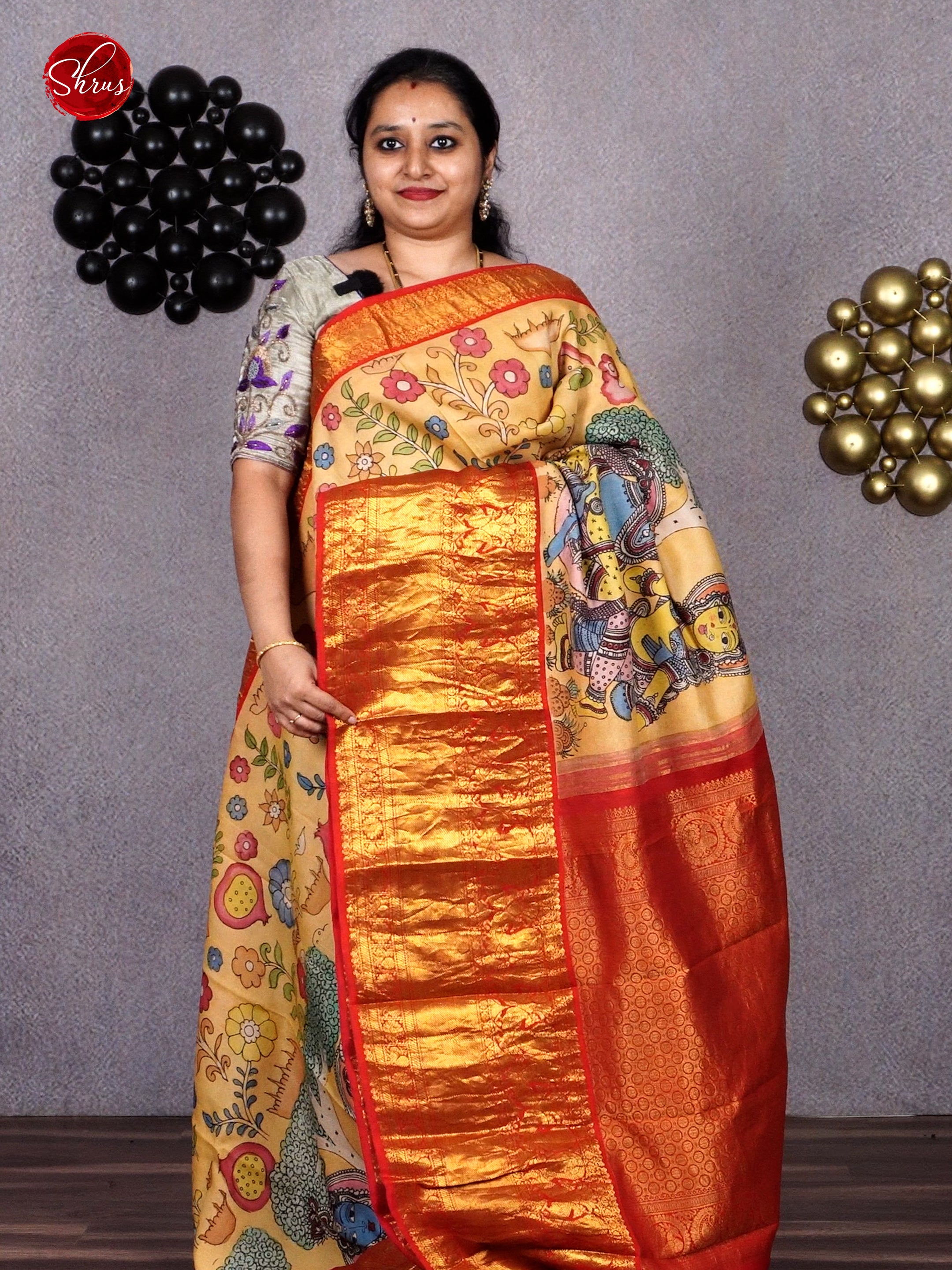 Sandal & Red - Kanchipuram silk with Penkalamkari goddess work on the body & Zari border - Shop on ShrusEternity.com