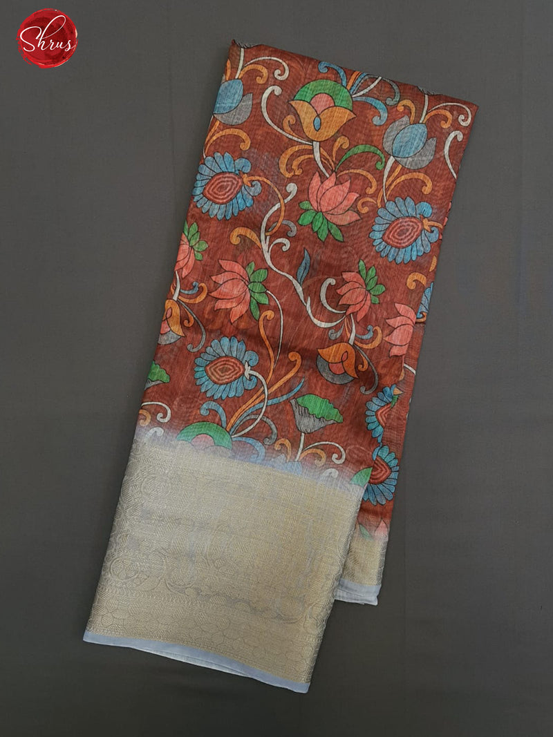 Reddish Brown & Blue - Art Linen with floral print on the body & Contrast Zari Border - Shop on ShrusEternity.com