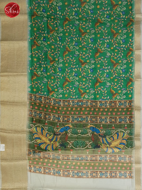 Green & Grey - Art Linen with floral print on the body & Contrast Zari Border - Shop on ShrusEternity.com