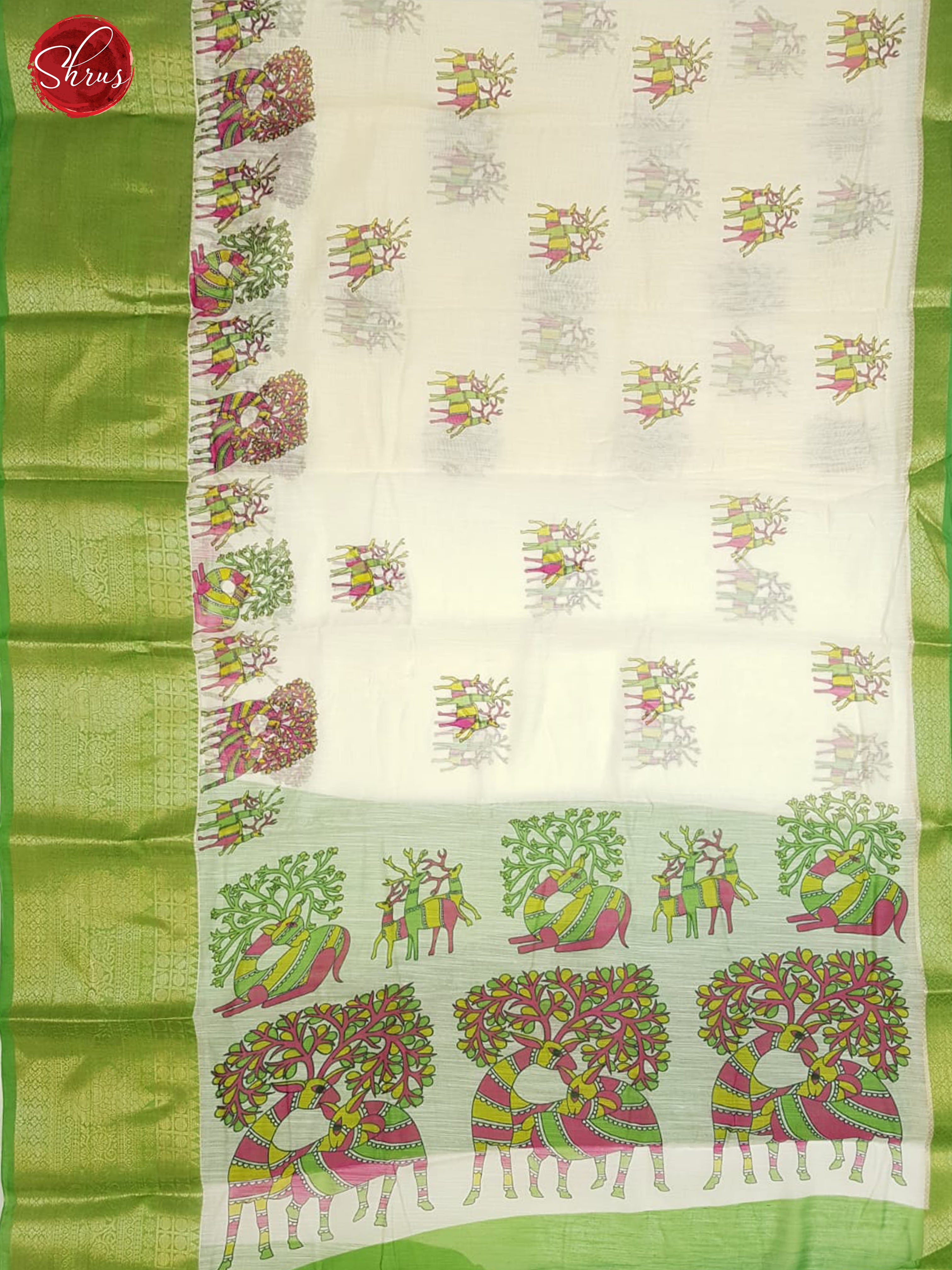 Cream & Green - Art Linen with printed Body & Contrast Zari border - Shop on ShrusEternity.com