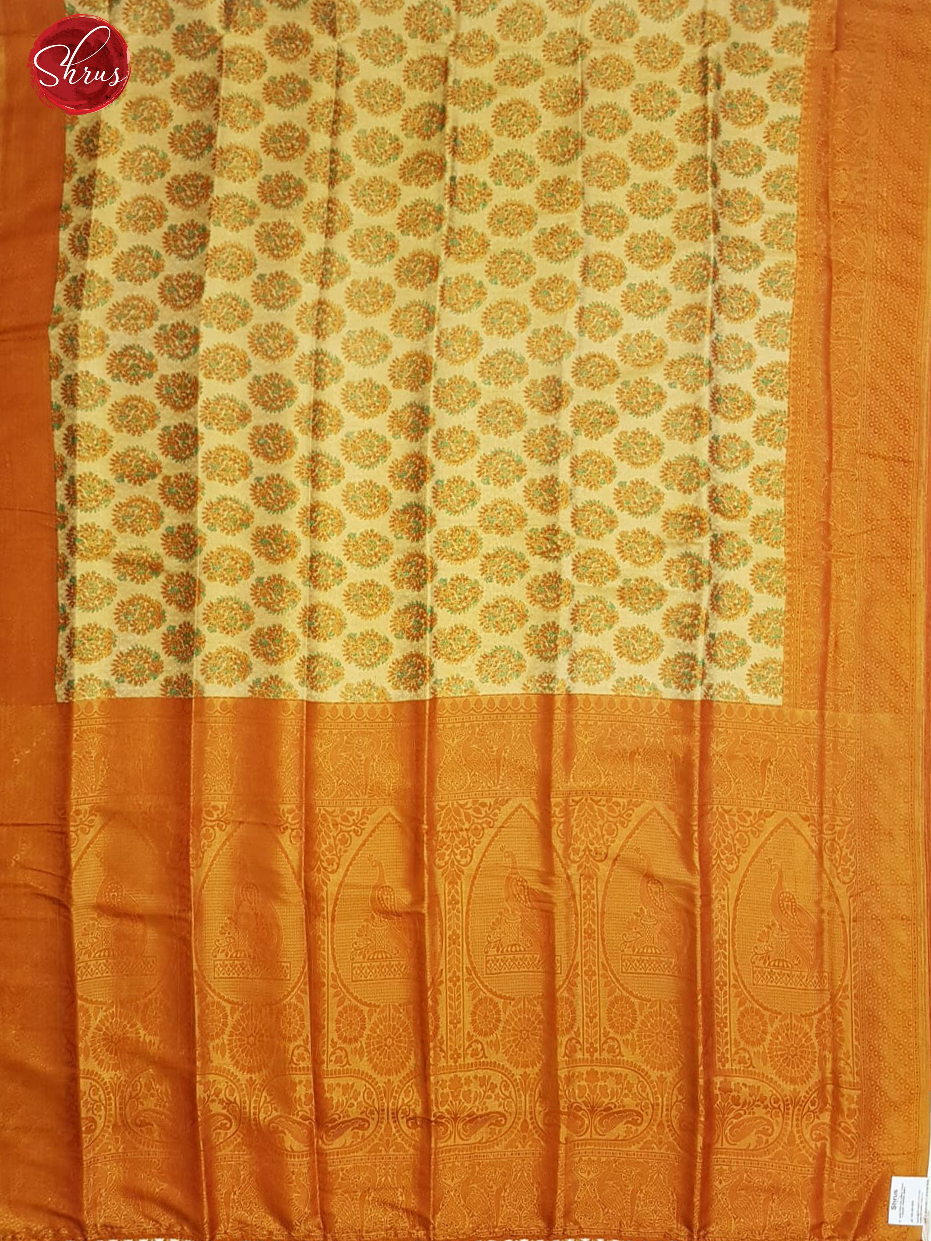 Sandal & Orange - Semi Georgette with floral print on the body & Contrast Zari Border - Shop on ShrusEternity.com