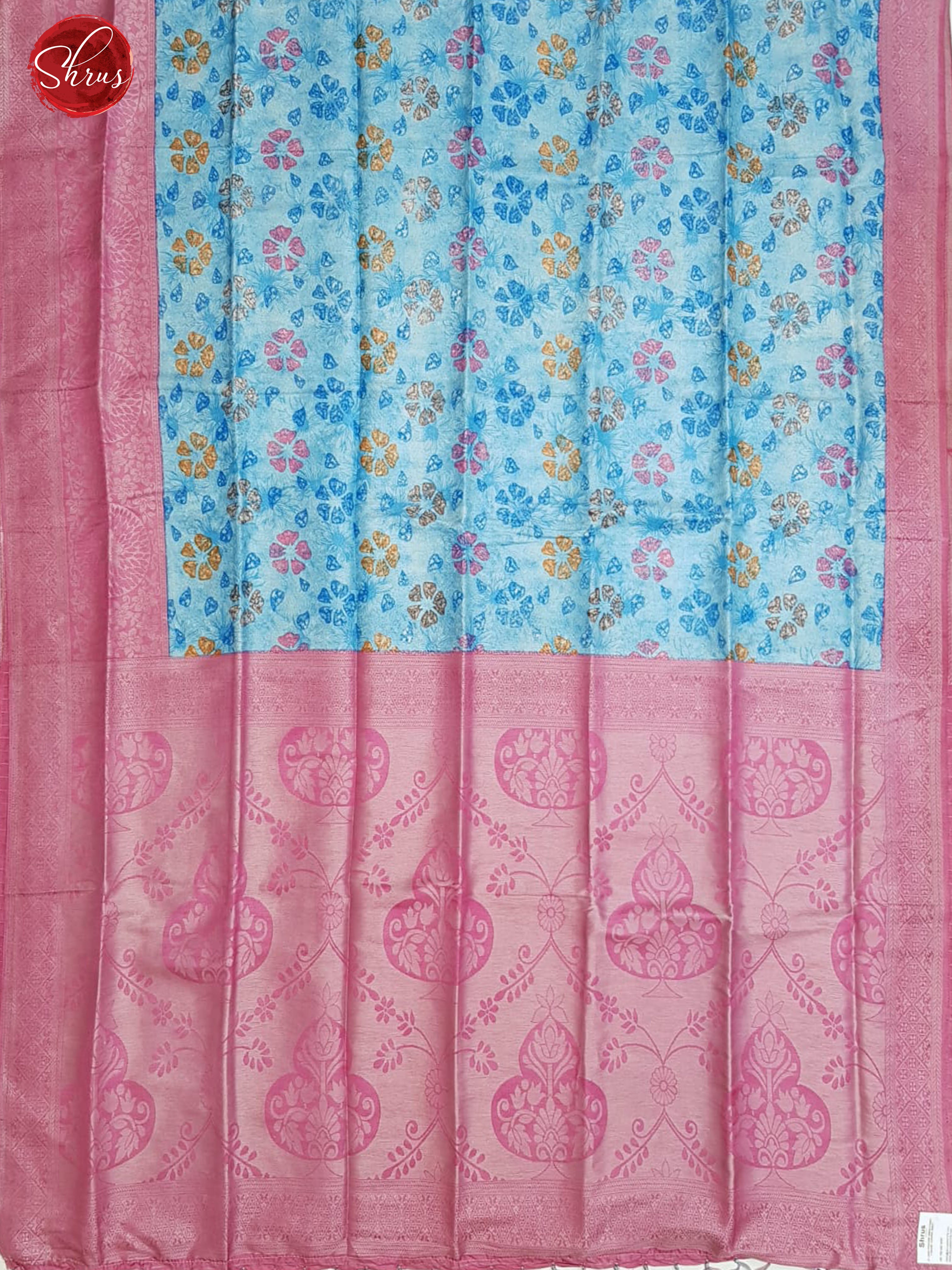 Blue & Pink - Semi Georgette with floral print on the body& Contrast Zari Border - Shop on ShrusEternity.com