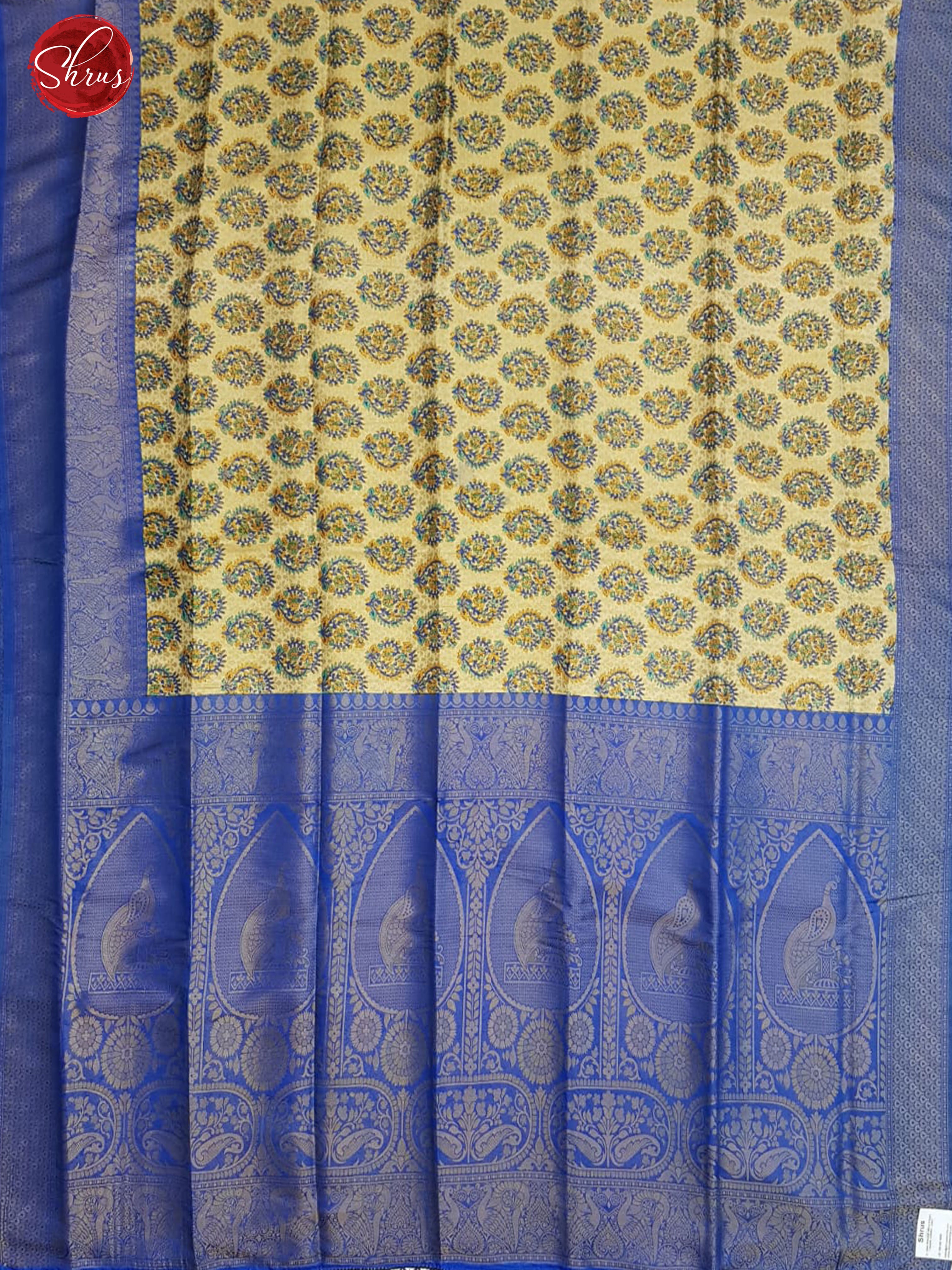 Yellow & Blue- Semi Georgette with floral print on the body &Contrast Zari Border - Shop on ShrusEternity.com