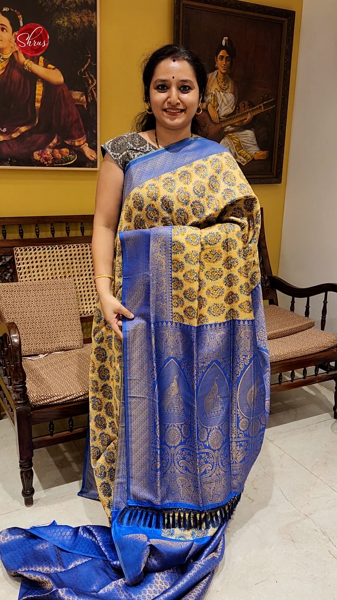 Yellow & Blue- Semi Georgette with floral print on the body &Contrast Zari Border - Shop on ShrusEternity.com