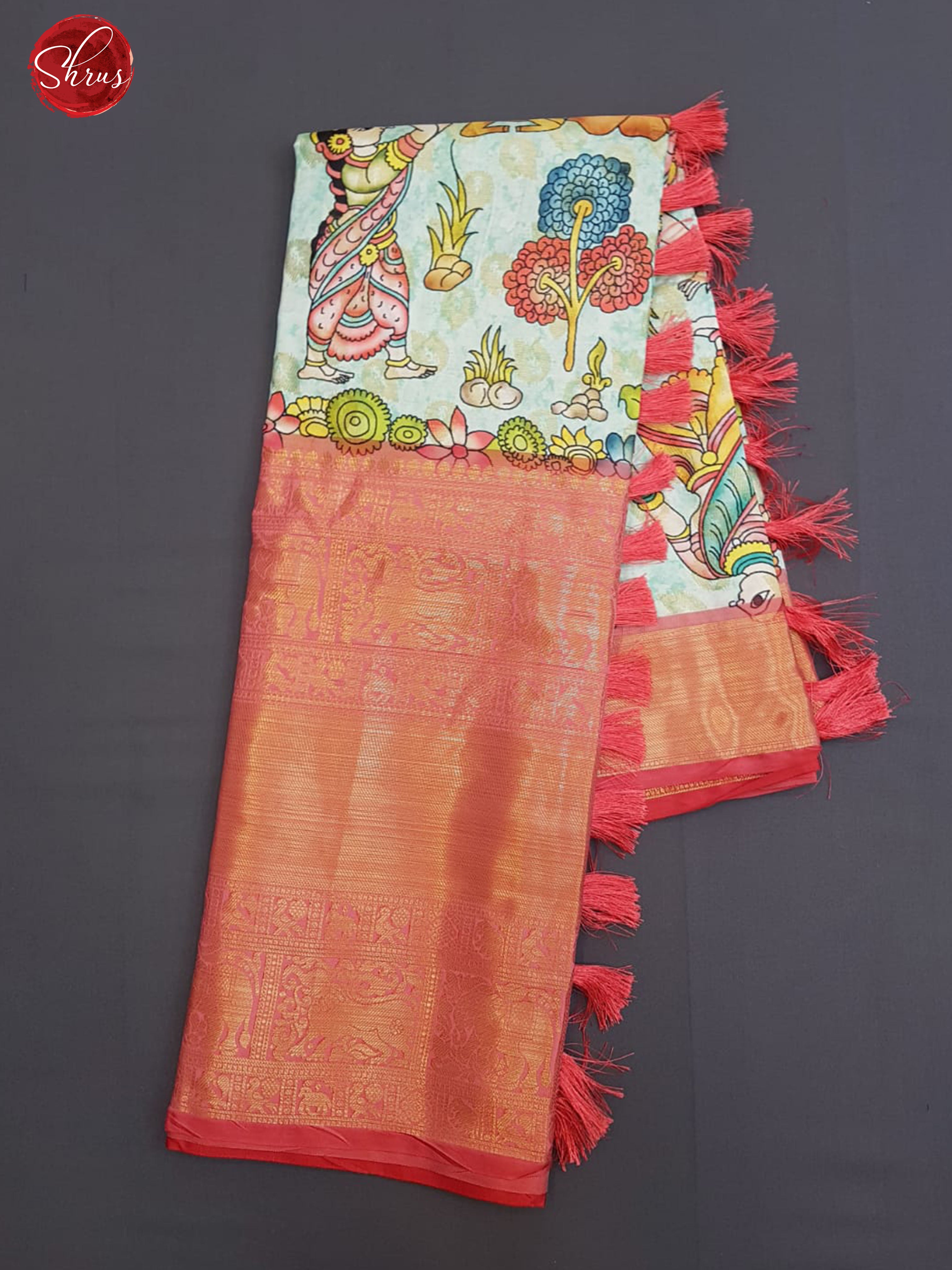 Light Green & Red - Semi Dupion with printed Body & Contrast  Zari Border - Shop on ShrusEternity.com