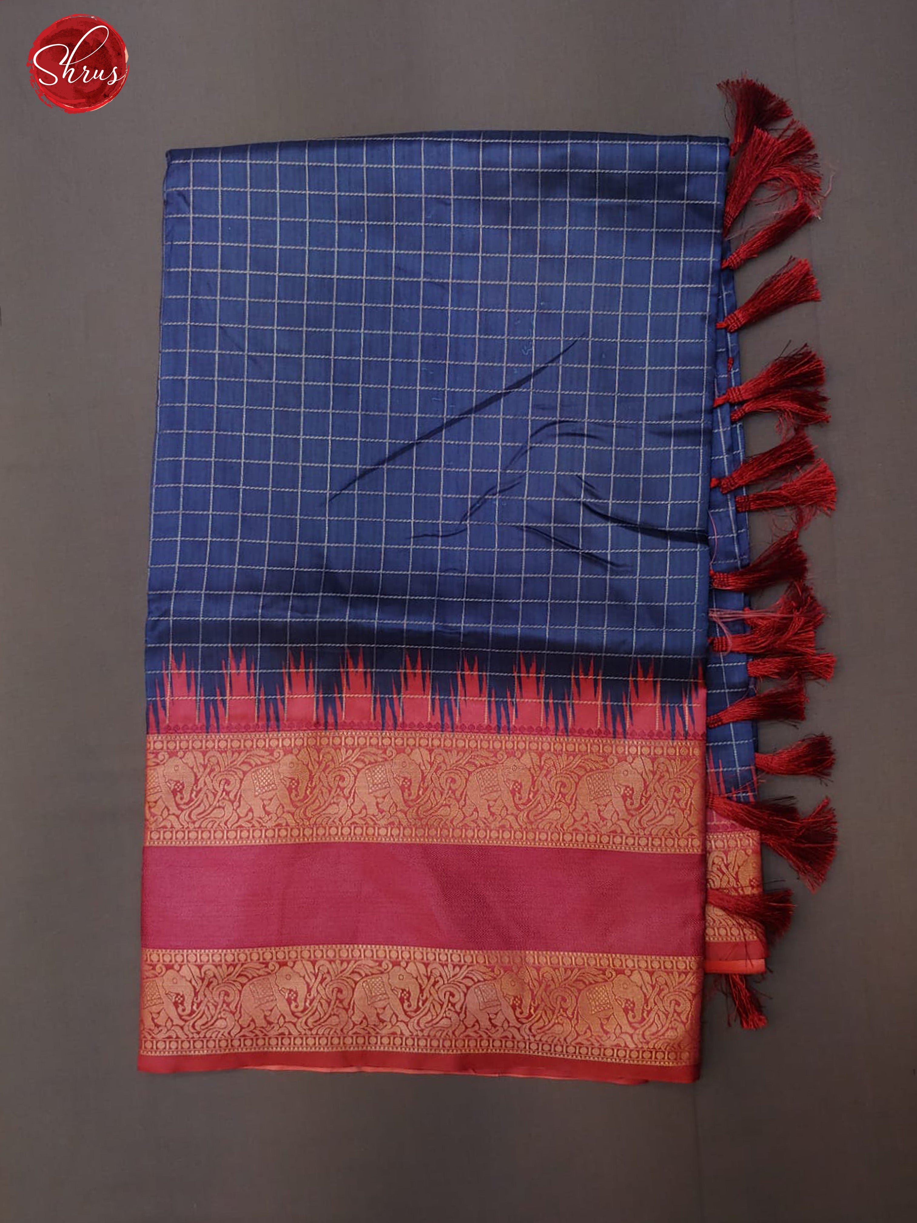Navy Blue & Pink - Semi Dupion with Zari woven checks on the body & Contrast Zari Border - Shop on ShrusEternity.com