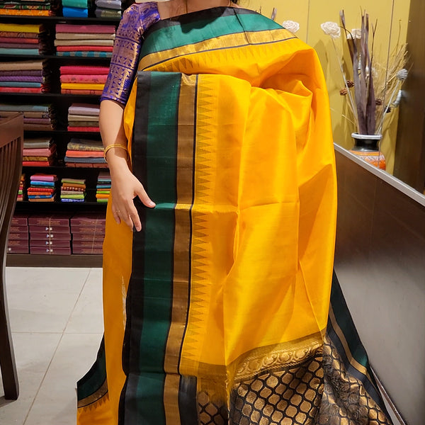 Pure mysore silk saree mustard yellow and black with zari woven buttas –  Prashanti Sarees