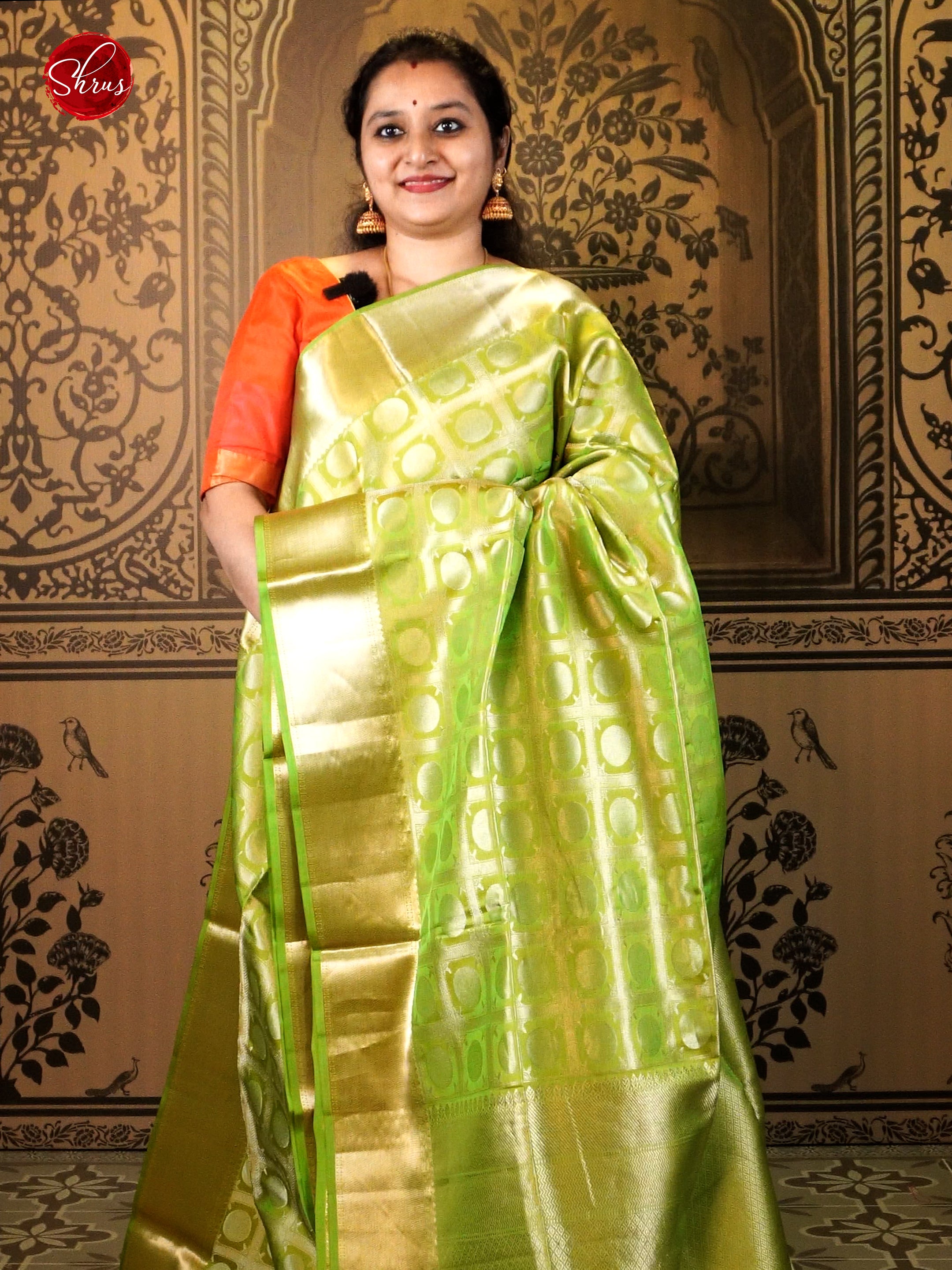 Green(Single Tone)- Soft Silk with zari checks , round motifs on the body & Zari Border - Shop on ShrusEternity.com