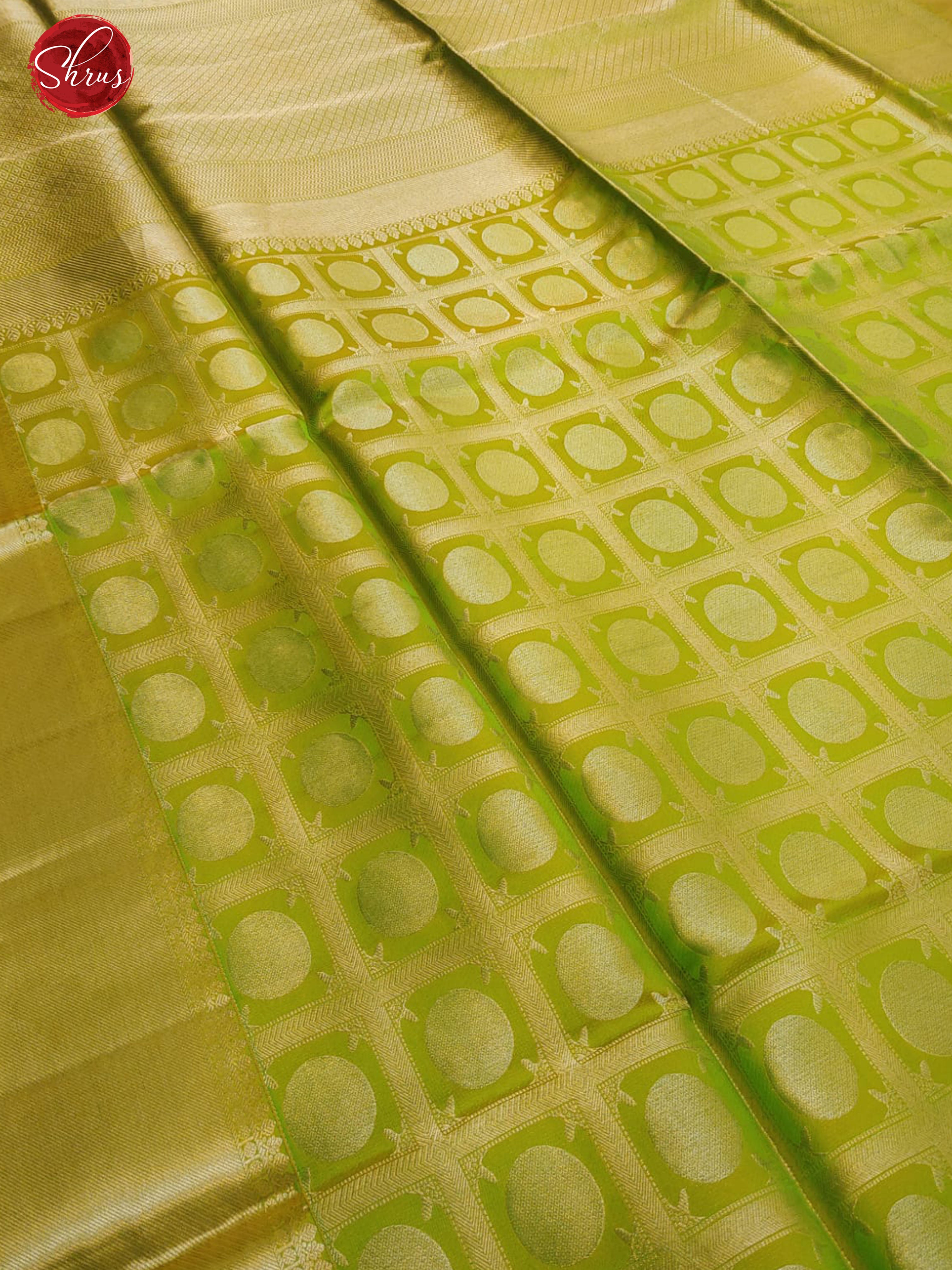 Green(Single Tone)- Soft Silk with zari checks , round motifs on the body & Zari Border - Shop on ShrusEternity.com