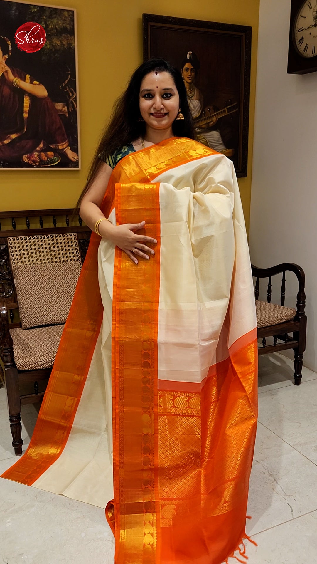Cream & Orange - Silk Cotton with plain Body &Contrast Zari Border - Shop on ShrusEternity.com