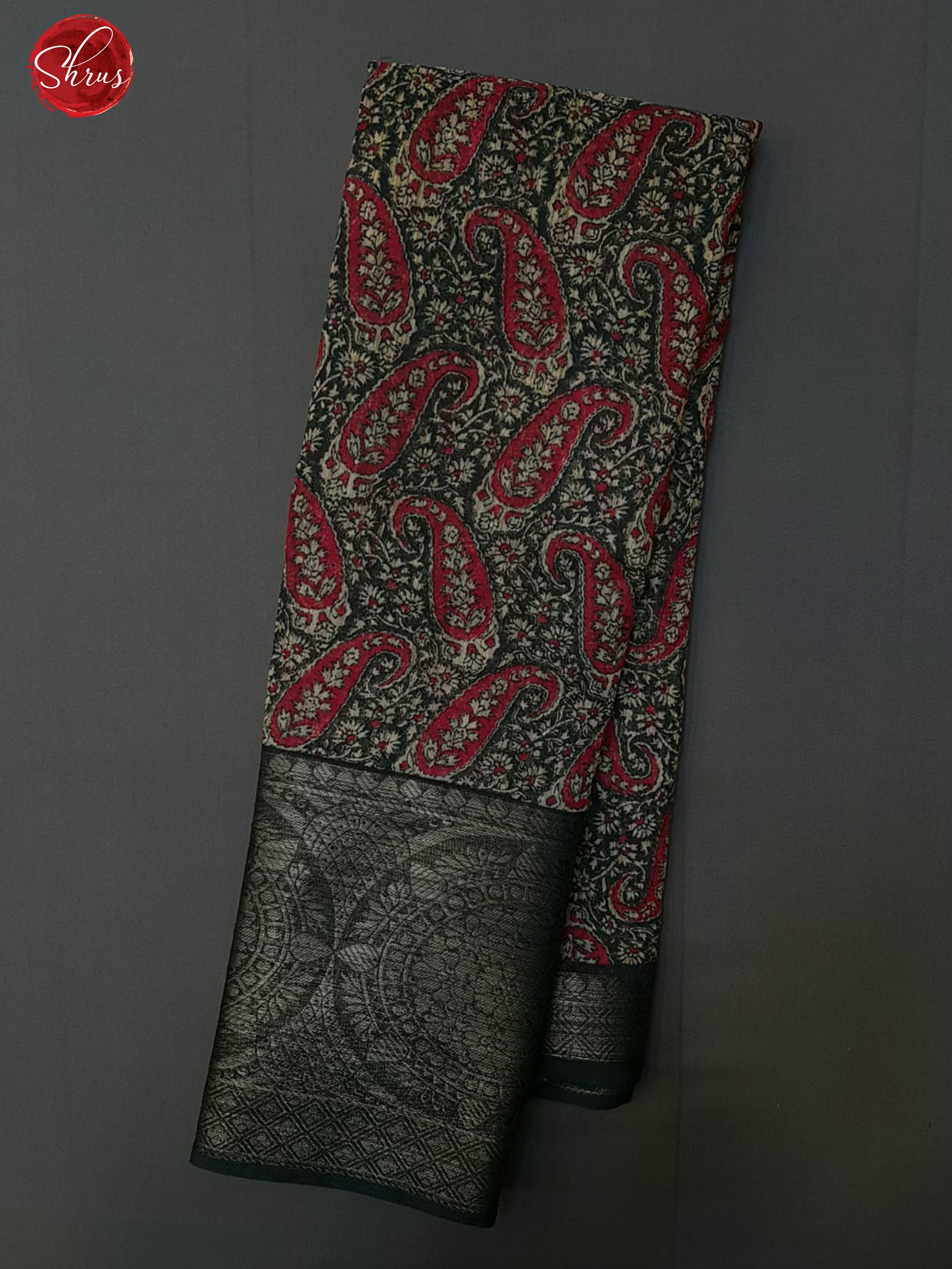 Black & Red - Art Linen with paisleys floral print on the body& Zari Border - Shop on ShrusEternity.com