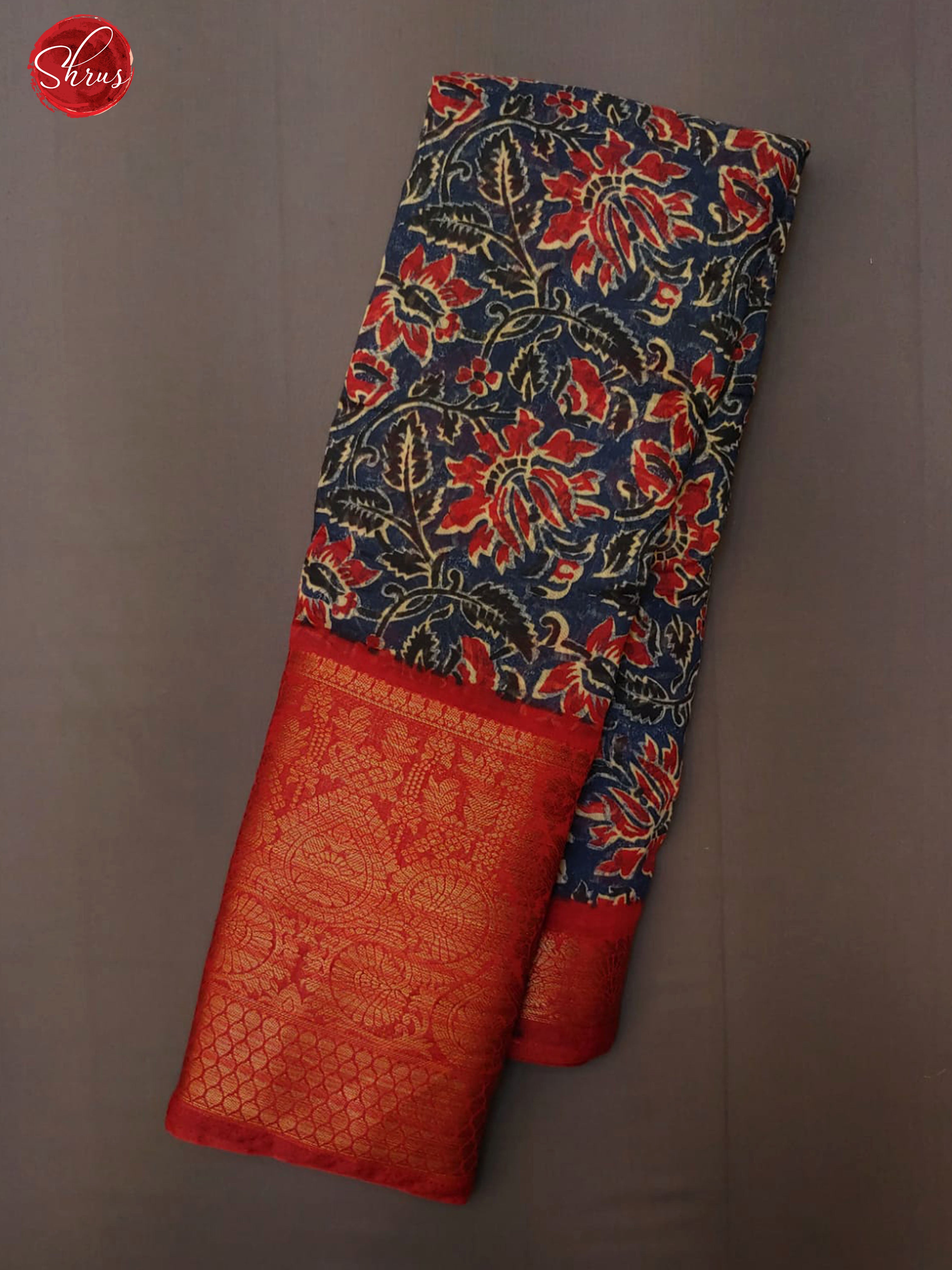 Blue & Maroon - Art Linen with floral print on the body & Contrast Zari Border - Shop on ShrusEternity.com