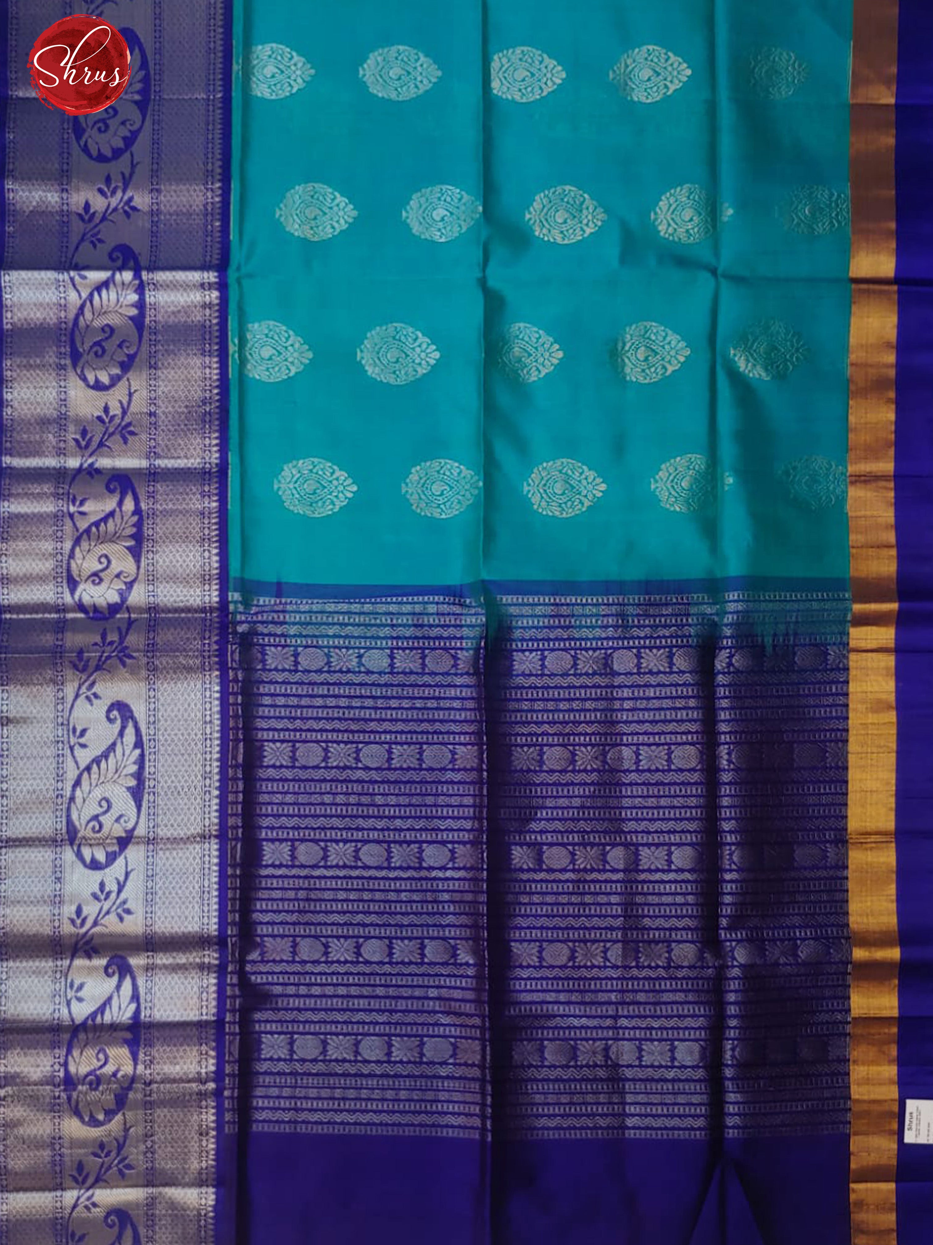 Rama Blue & Navy Blue - Silk Cotton with zari woven floral motifs on the body & Contrast Zari Border - Shop on ShrusEternity.com