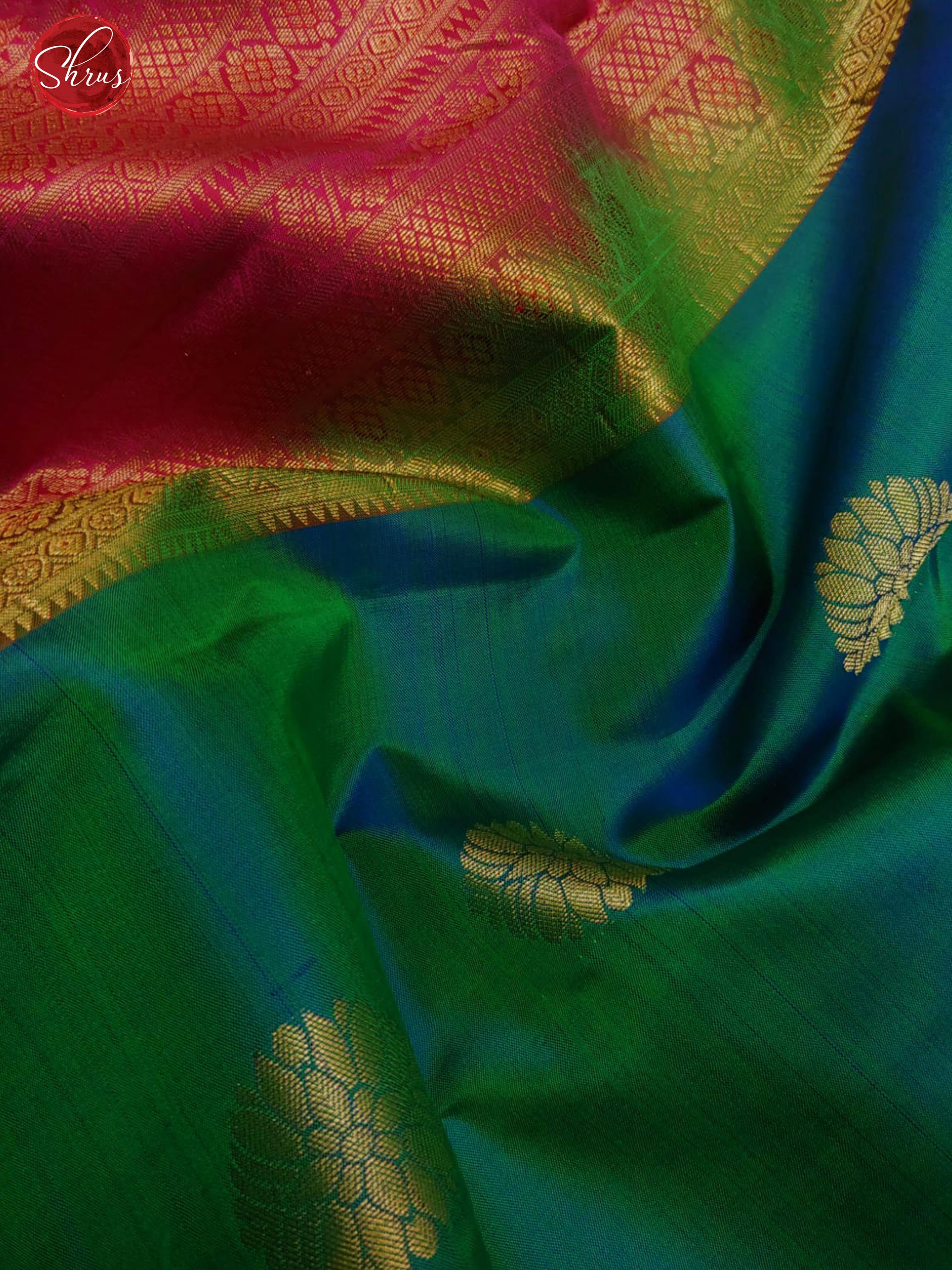 Peacock Green & Pink- Kanchipuram Silk with zari woven floral motifs on the body & Zari Border - Shop on ShrusEternity.com