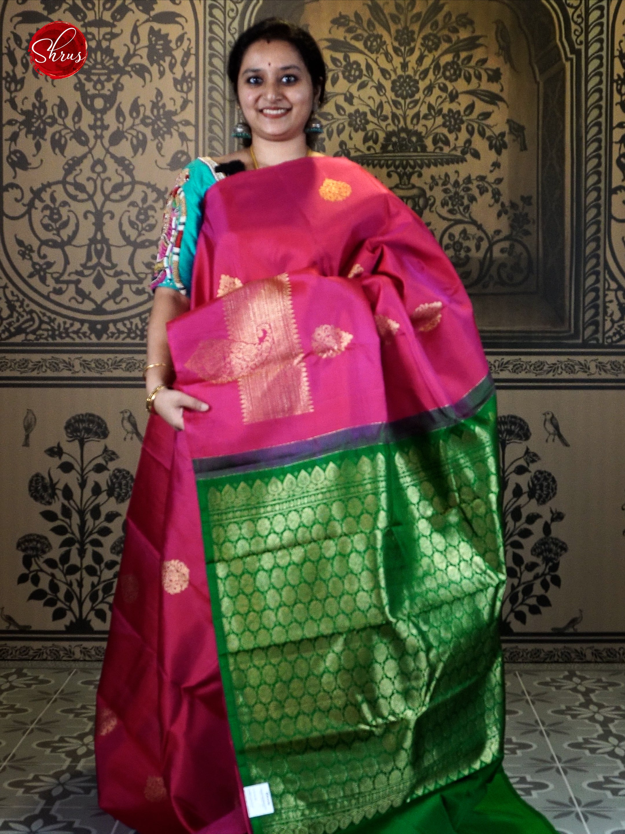 Pink & Green - KAnchipuram SIlk with zari woven floral motifs on the body & Zari Border - Shop on ShrusEternity.com