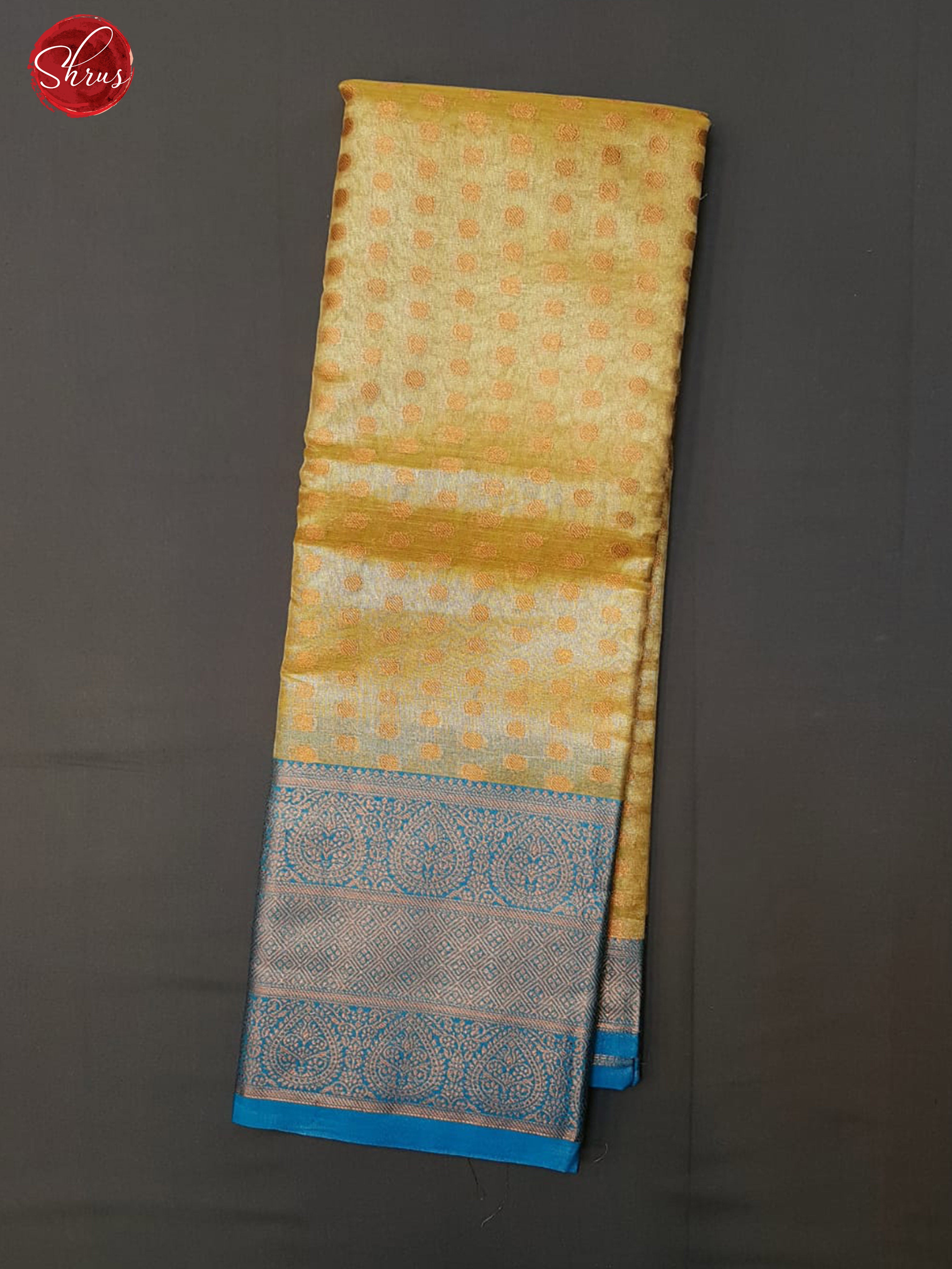 Dull Gold & Blue -  Kora Banarasi with zari woven buttas on the body & Zari Border - Shop on ShrusEternity.com