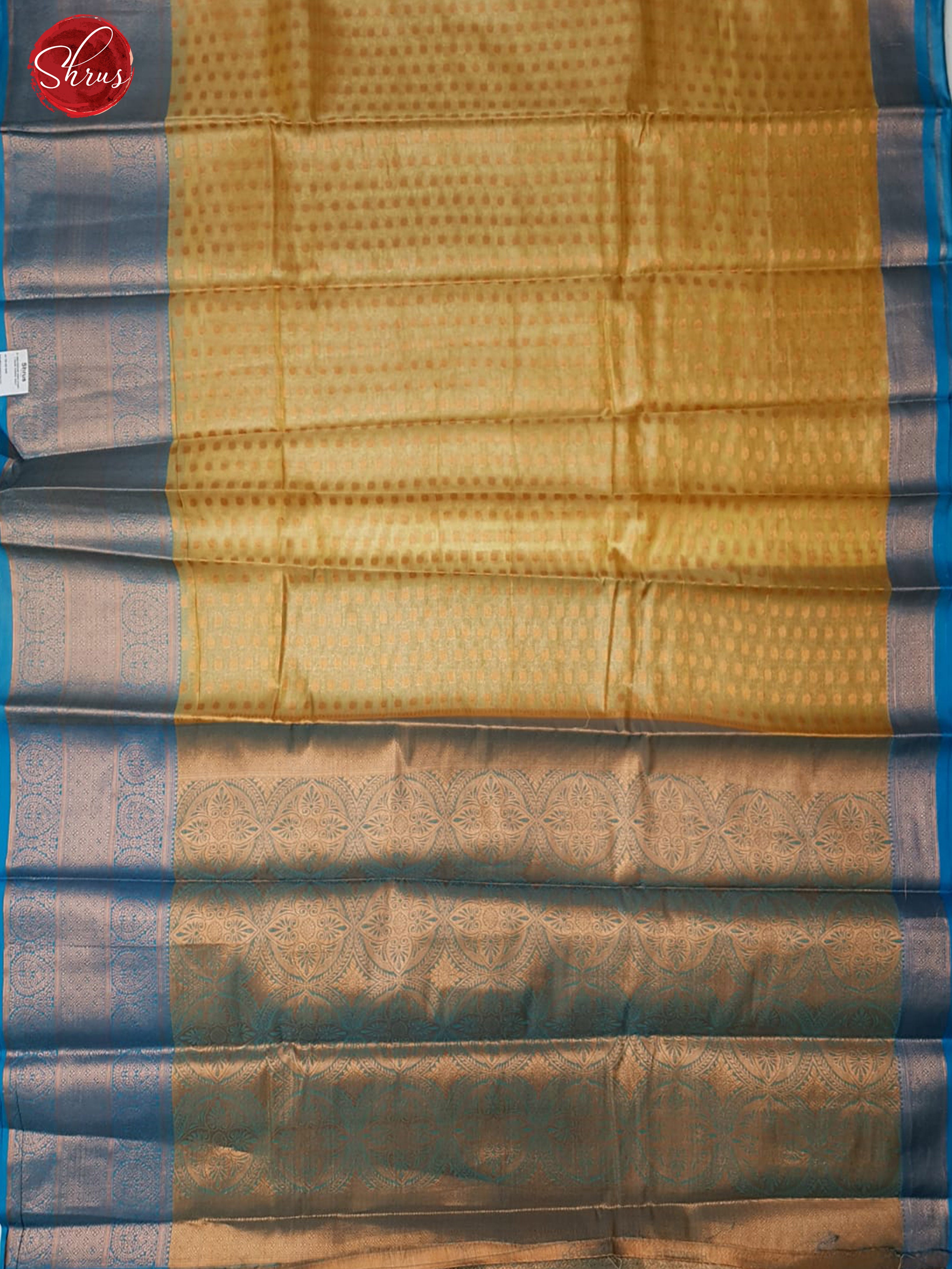 Dull Gold & Blue -  Kora Banarasi with zari woven buttas on the body & Zari Border - Shop on ShrusEternity.com
