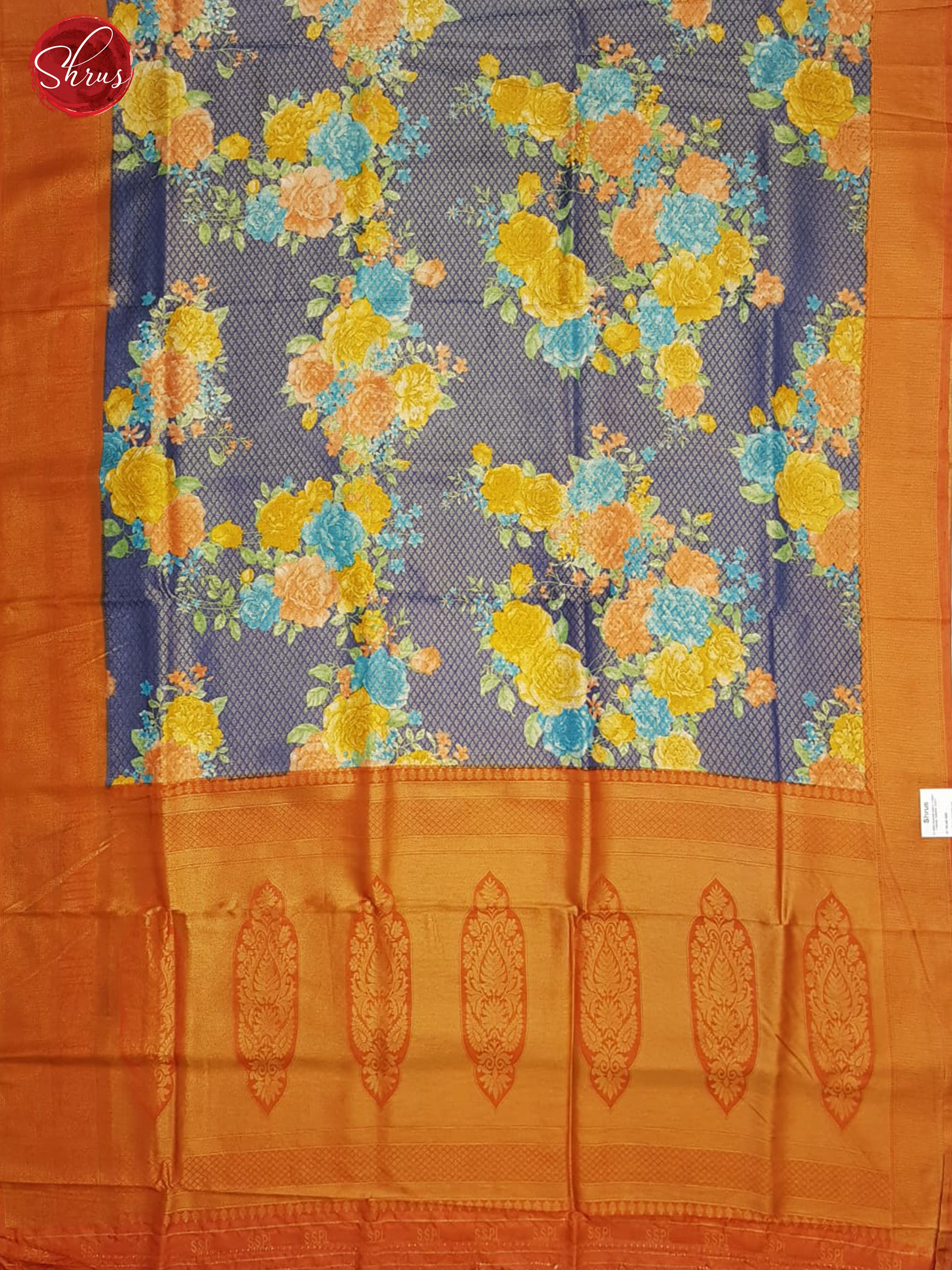Blue & Orange- Semi Georgette with floral print on the body& Zari Border - Shop on ShrusEternity.com