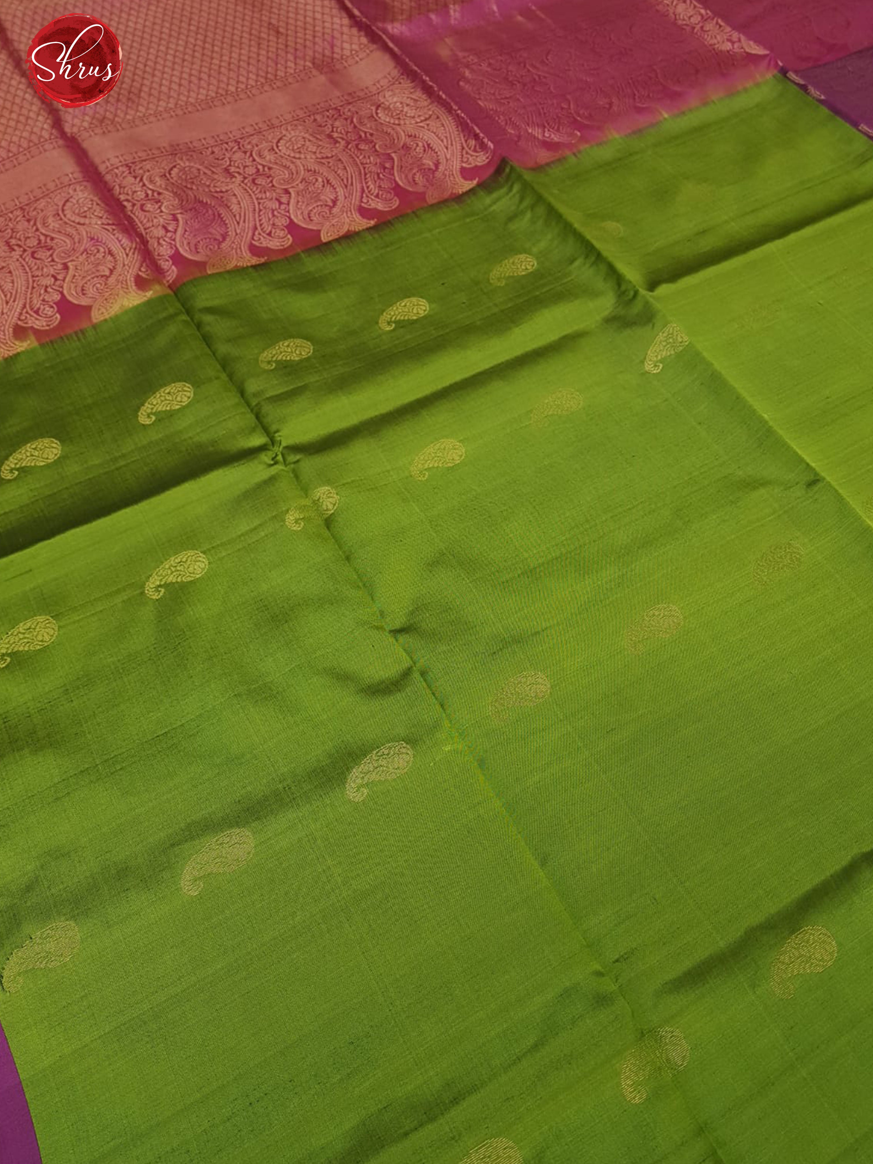 Green  & Pink -Soft Silk with zari woven paisleys buttas on the body & Zari Border - Shop on ShrusEternity.com