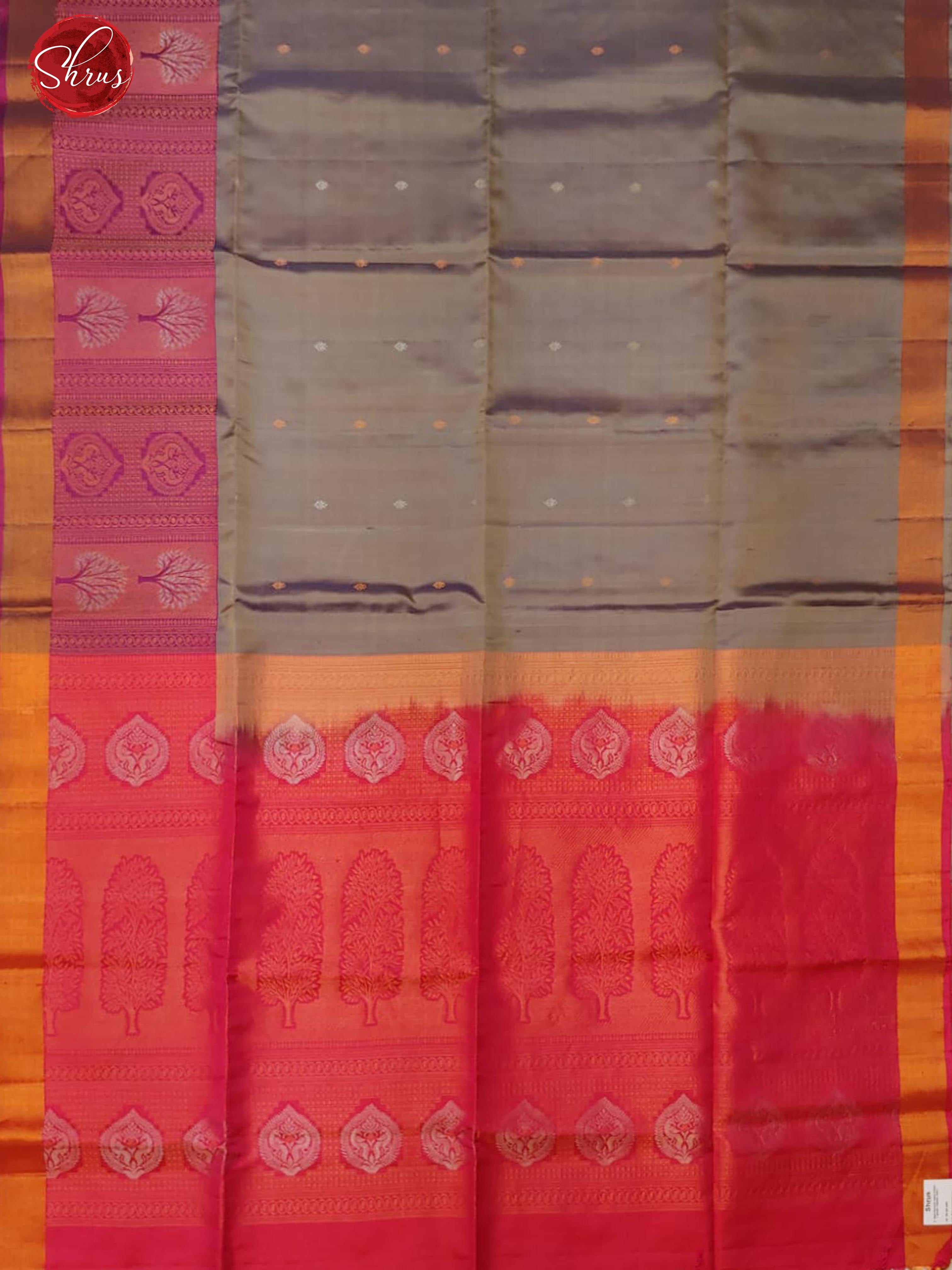 Grey & Pink - Soft silk with gold, silver zari buttas on the body & Zari Border - Shop on ShrusEternity.com
