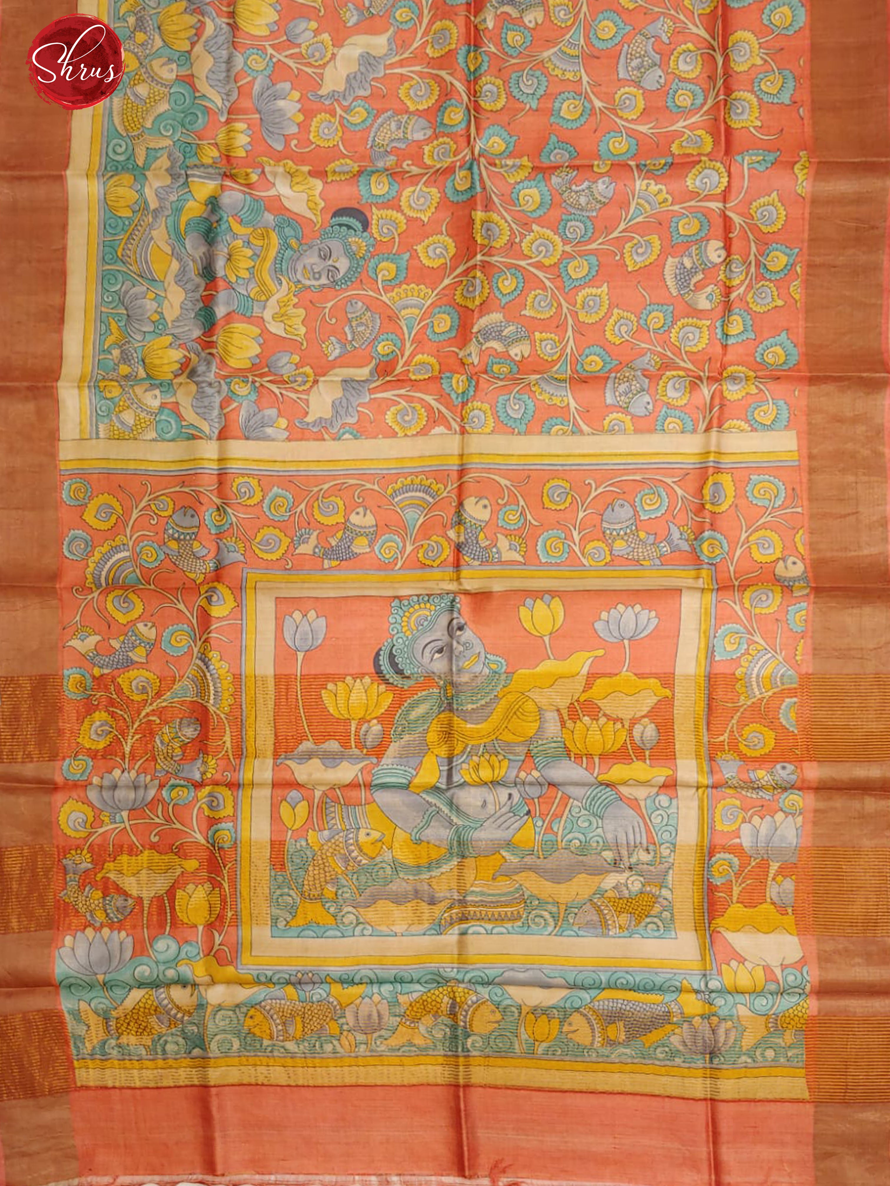 Orange(Single Tone)- Tussar with Kalamkari floral print on the body & Zari Border - Shop on ShrusEternity.com