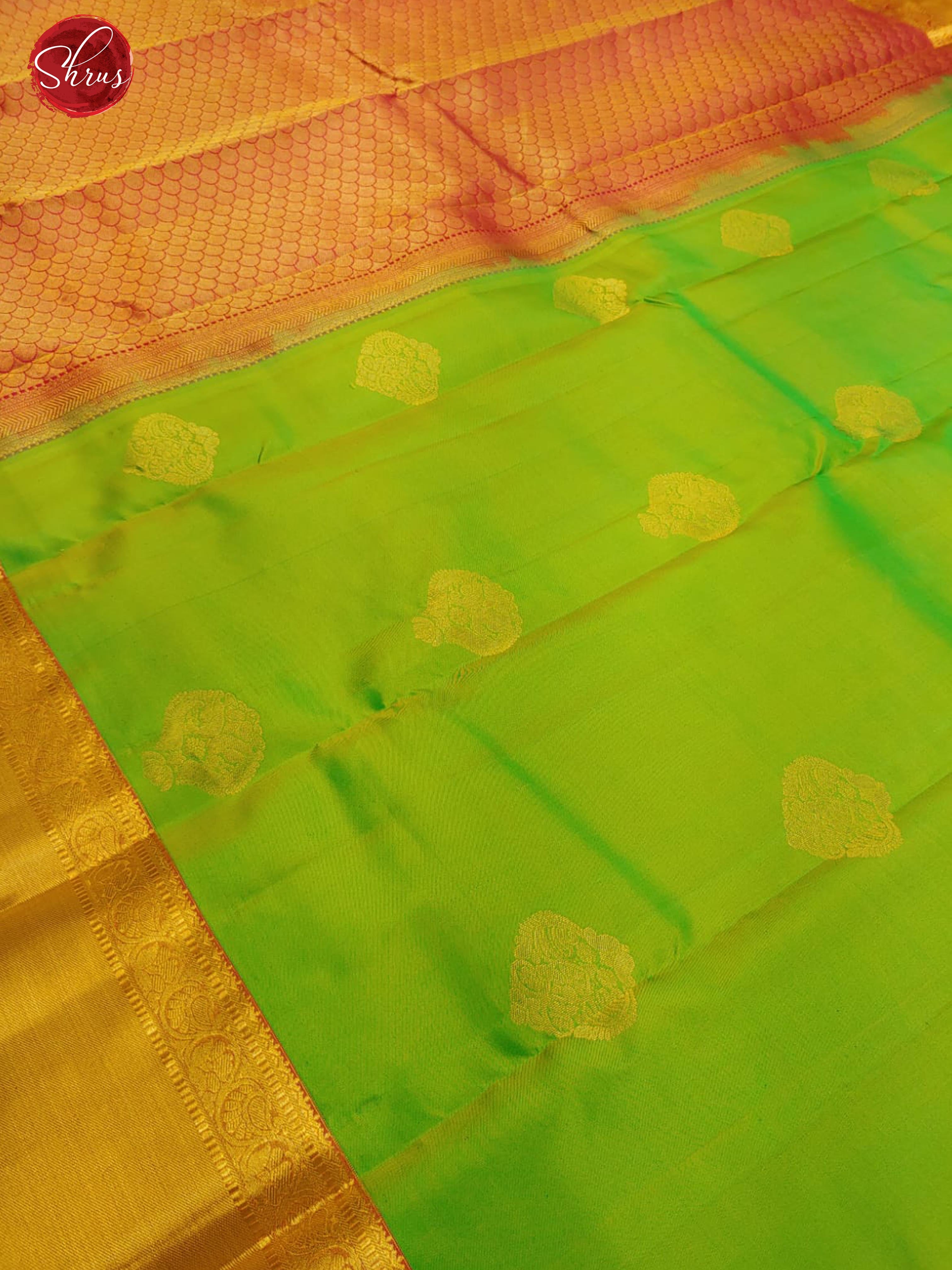 Parrot Green & Pink - Kanchipuram Silk with zari woven floral motif son the body & Contrast Zari Border - Shop on ShrusEternity.com