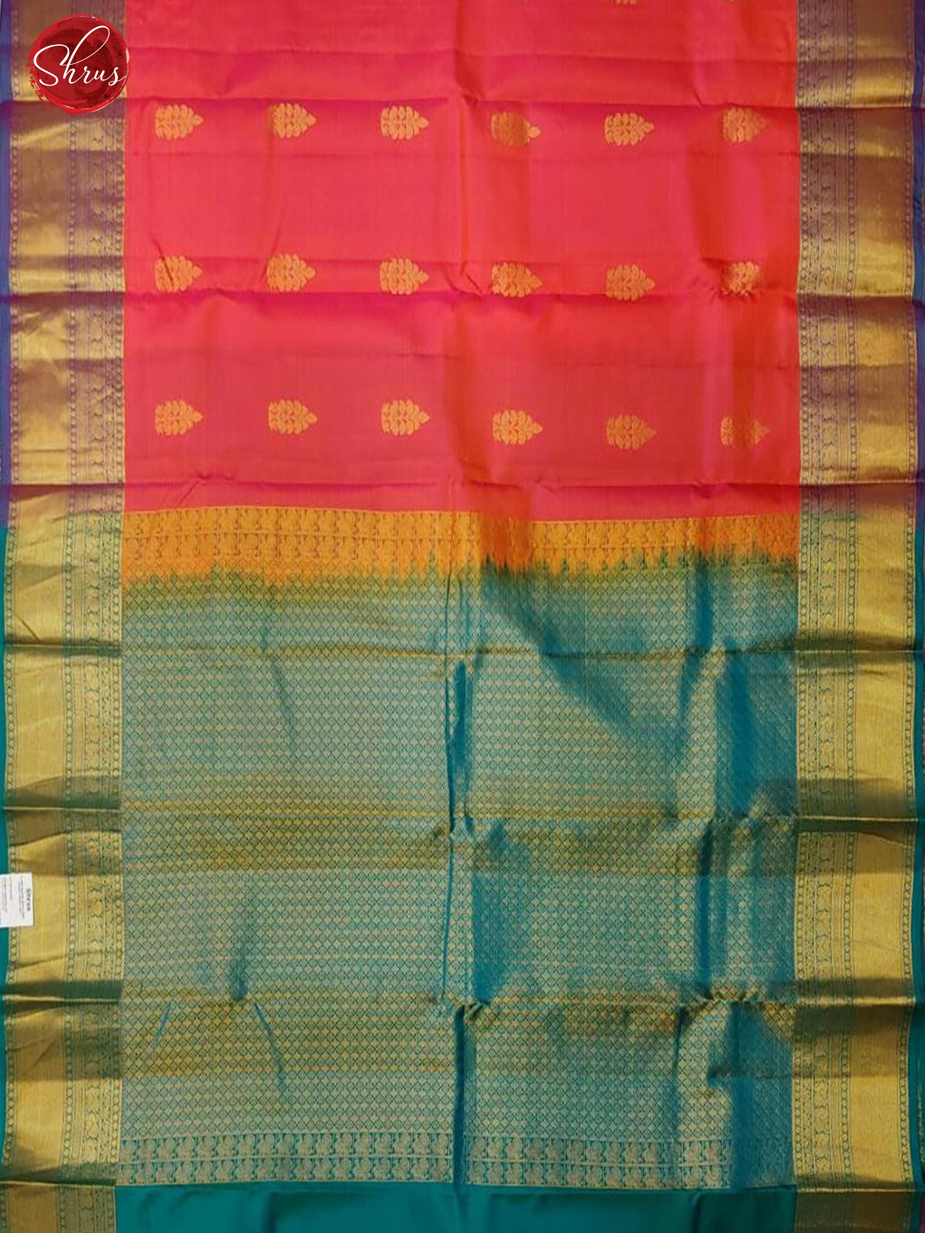 Orangish Pink & Teal - Kanchipuram Silk with zari woven floral motifs on the body & Zari Border - Shop on ShrusEternity.com