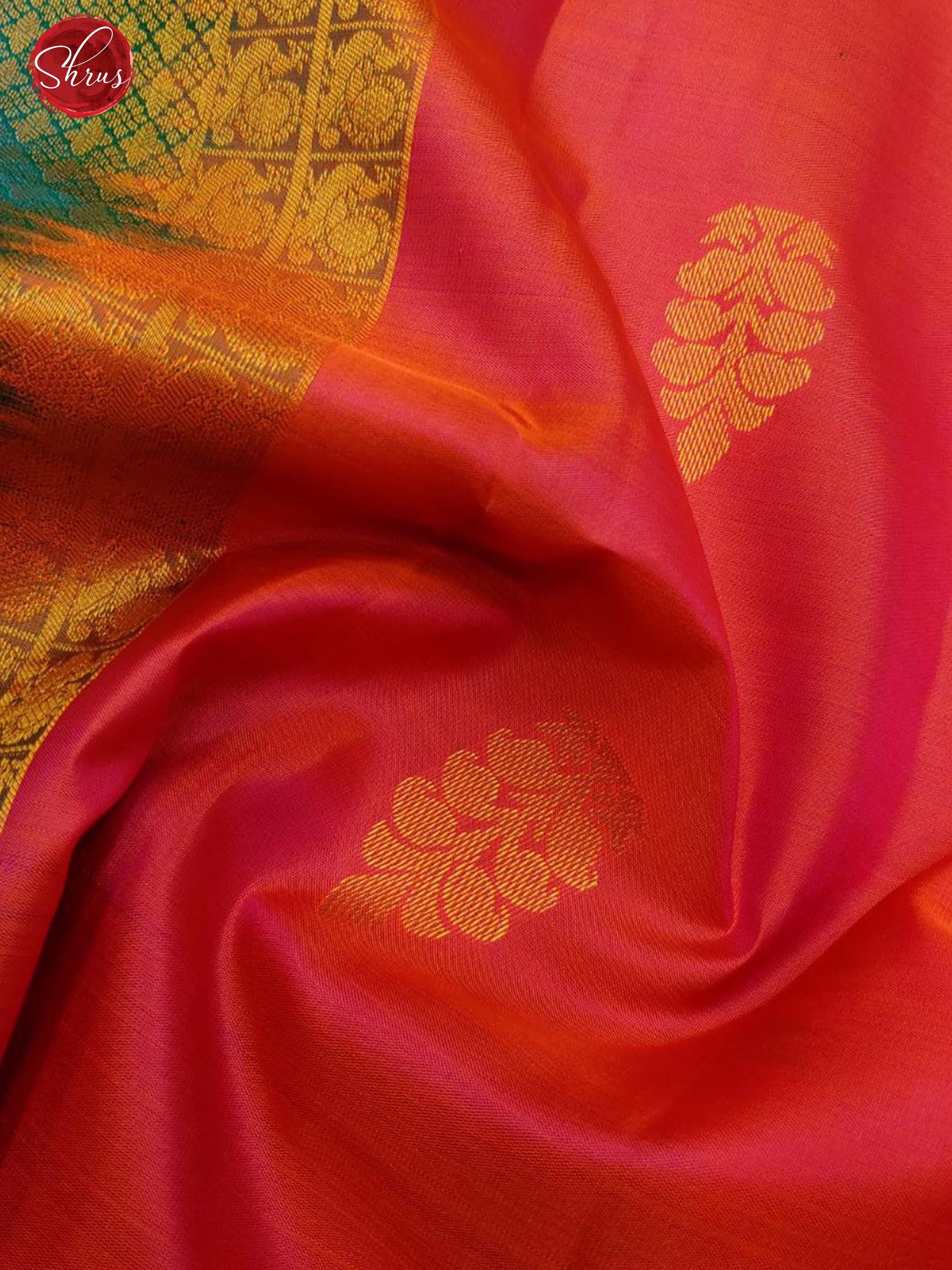 Orangish Pink & Teal - Kanchipuram Silk with zari woven floral motifs on the body & Zari Border - Shop on ShrusEternity.com