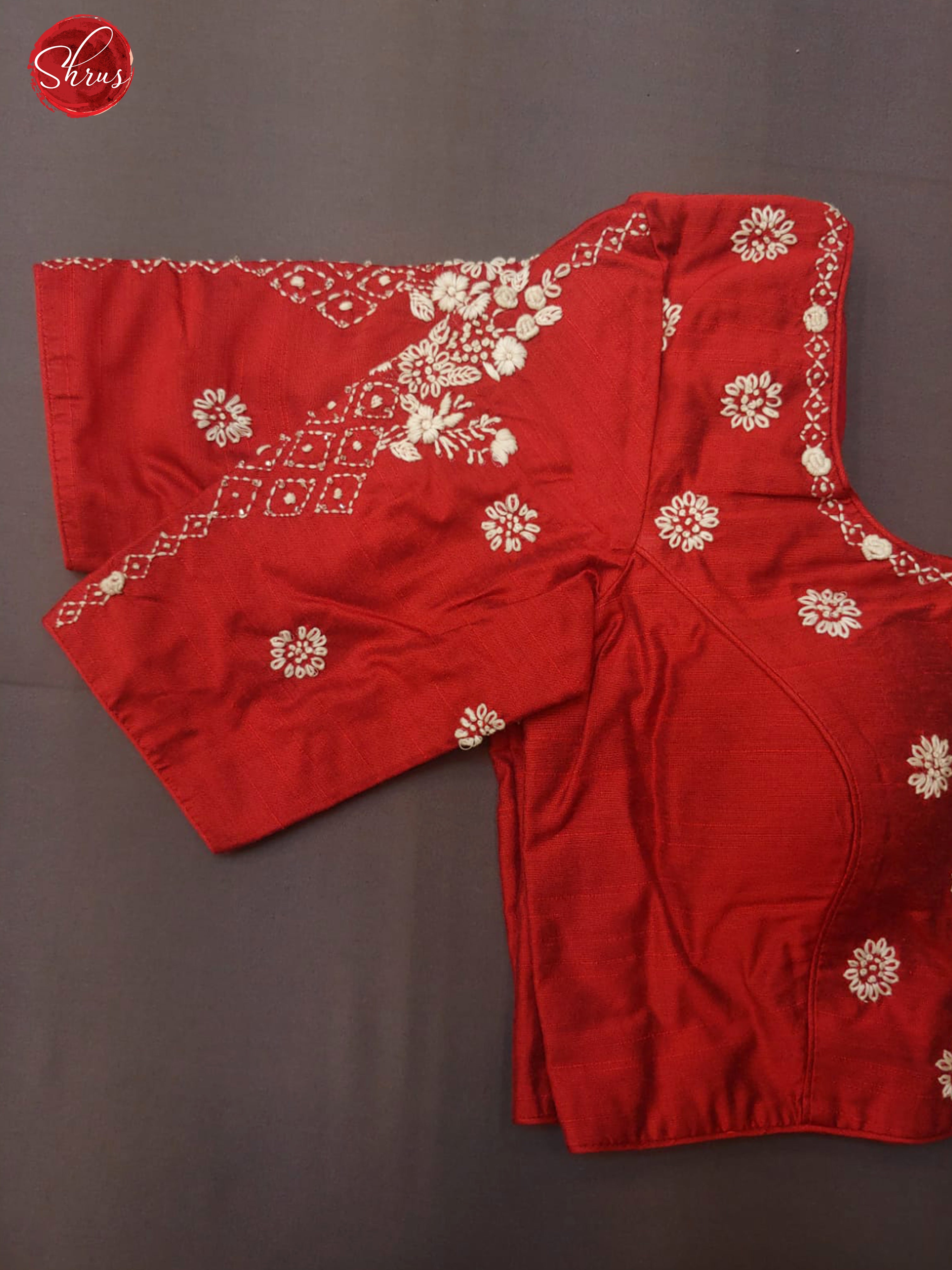 Red - Readymade Blouse with Chikankari embroidery ,front hook, short  sleeves and has a boat neckline & Sixe -38. - Shop on ShrusEternity.com