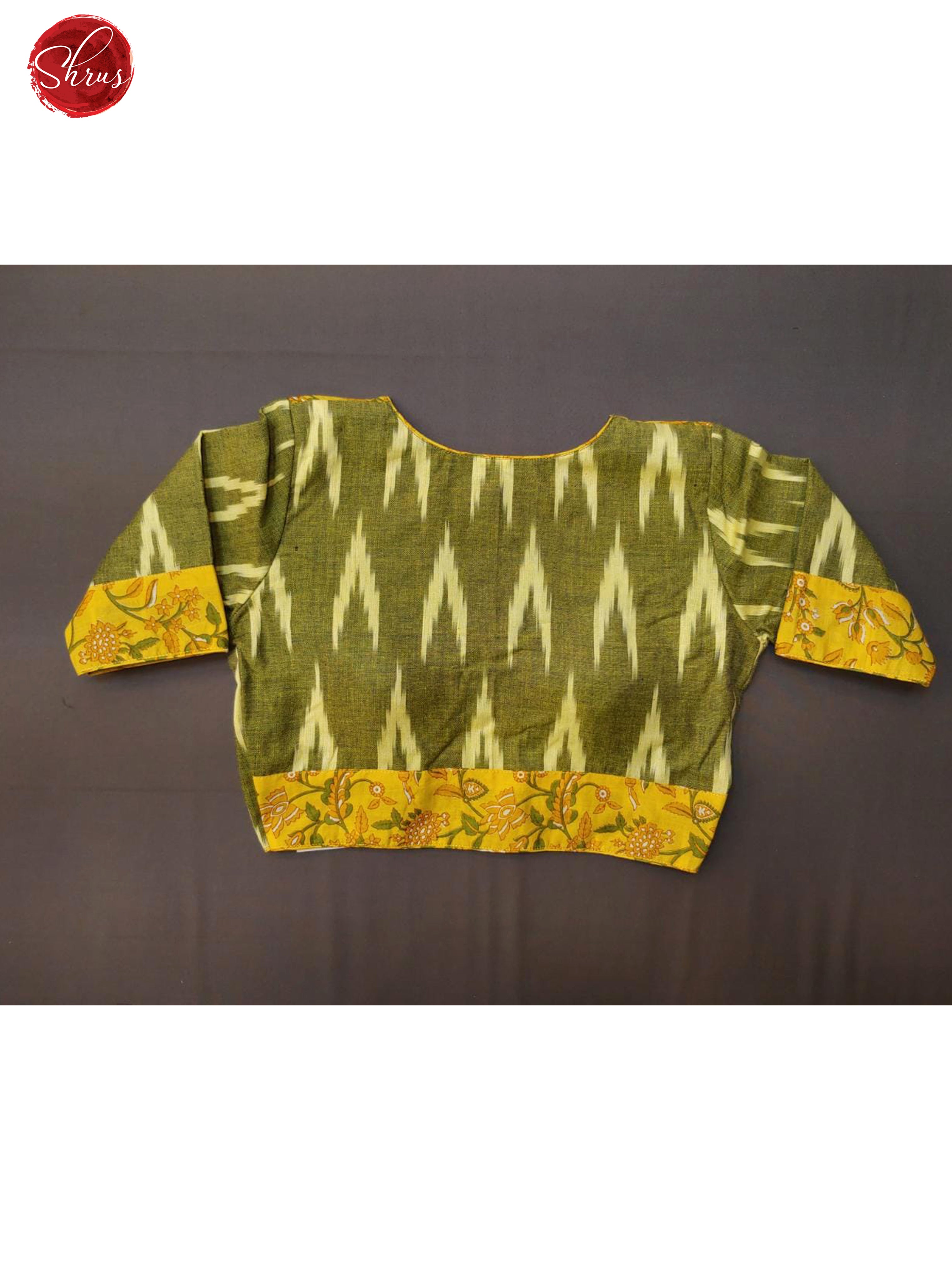 Yellow & Green - Ikkat Readymade Blouse with  Front  hook, boat-neckline, and Short  Sleeve & Size -34 - Shop on ShrusEternity.com