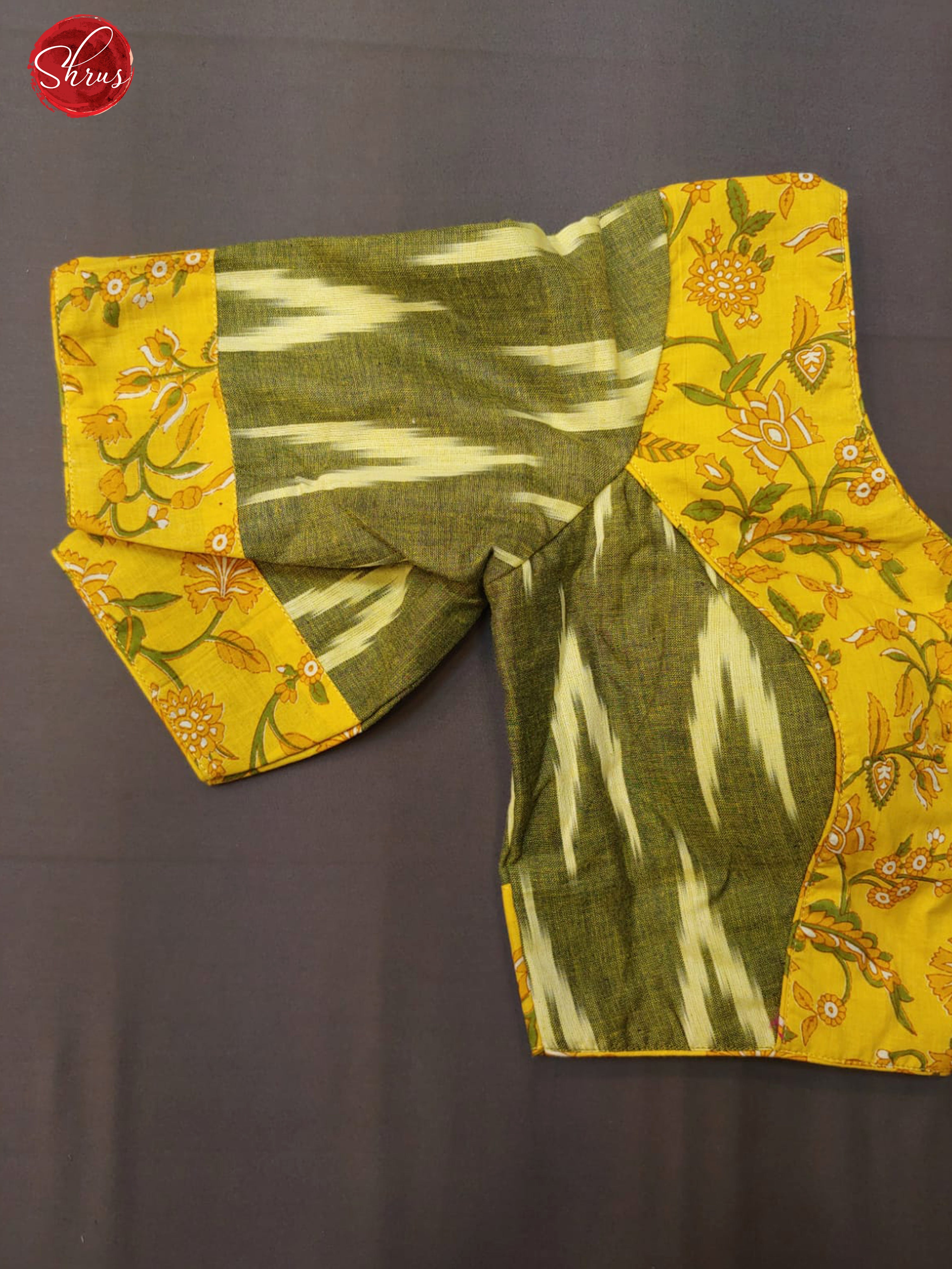 Green & Yellow- Readymade Ikkat Blouse with front  hook, boat-neckline, and Short  Sleeve & Size- 38 - Shop on ShrusEternity.com