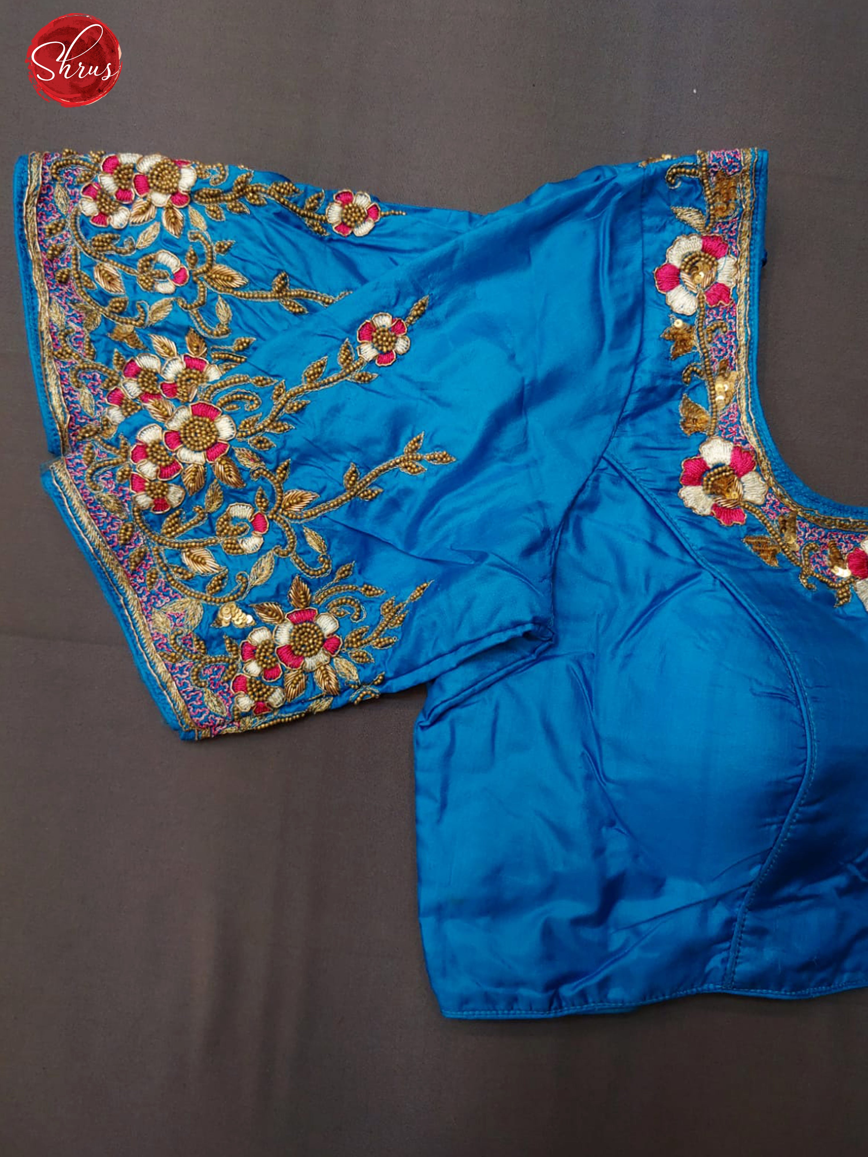 Blue- Readymade embroidered blouse with front hook , U- neckline , short sleeve & Size 34 - Shop on ShrusEternity.com