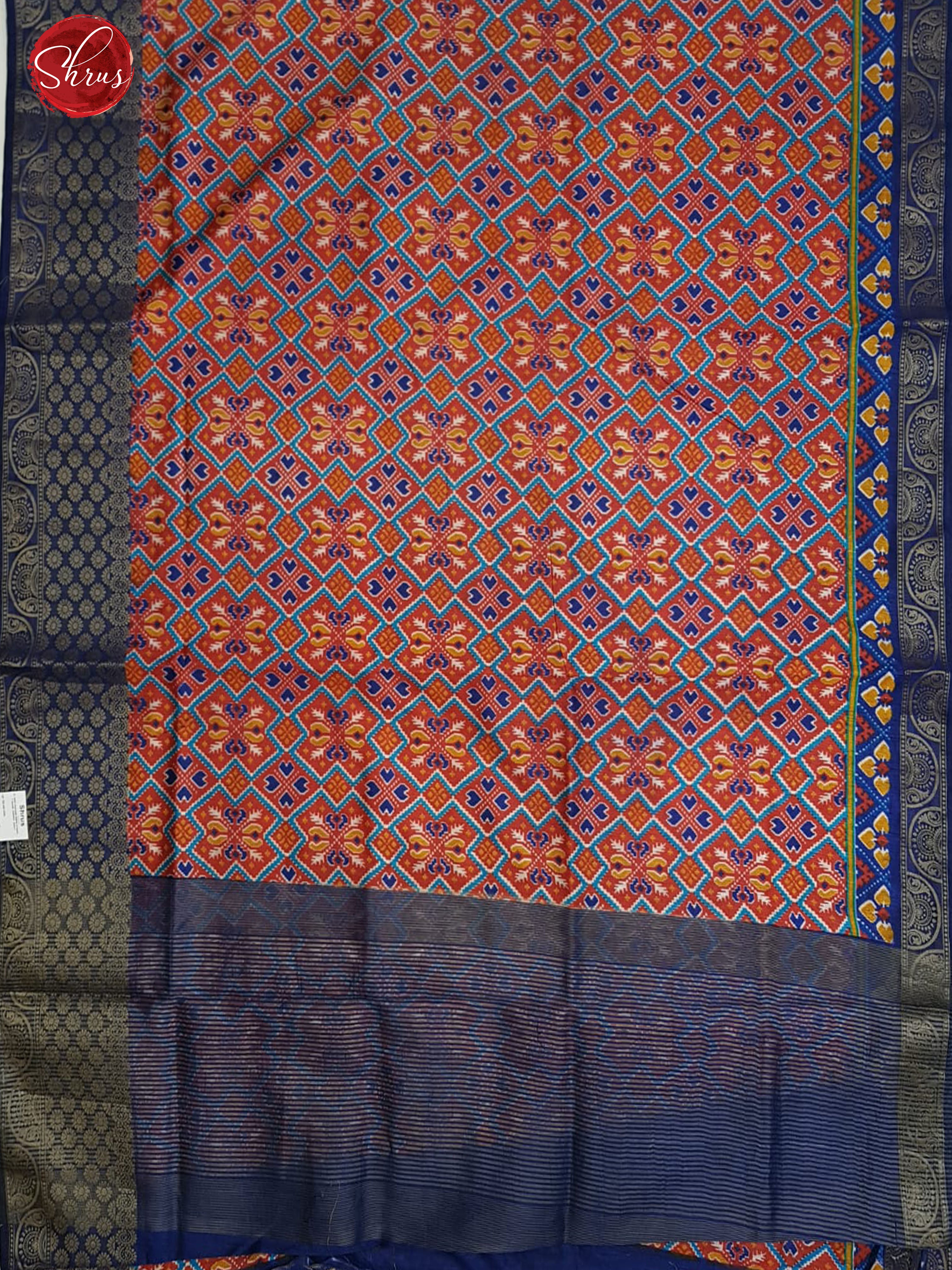 Orange & Blue- Semi Patola with intricate floral pattern on the body  & Contrast Zari Border - Shop on ShrusEternity.com