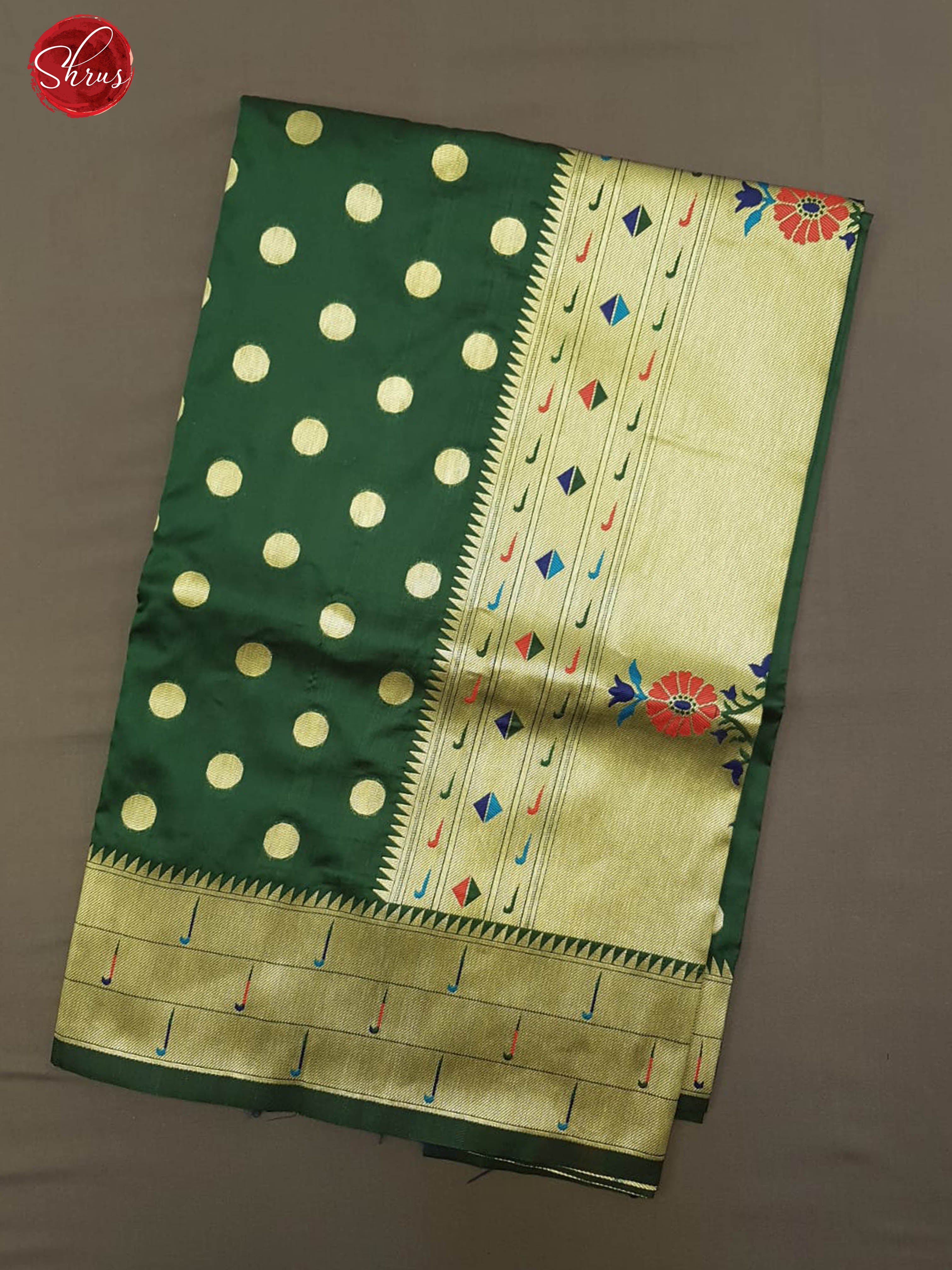 Green(Single Tone)- Semi Paithani with zari woven round buttas  on the body& Zari Border - Shop on ShrusEternity.com