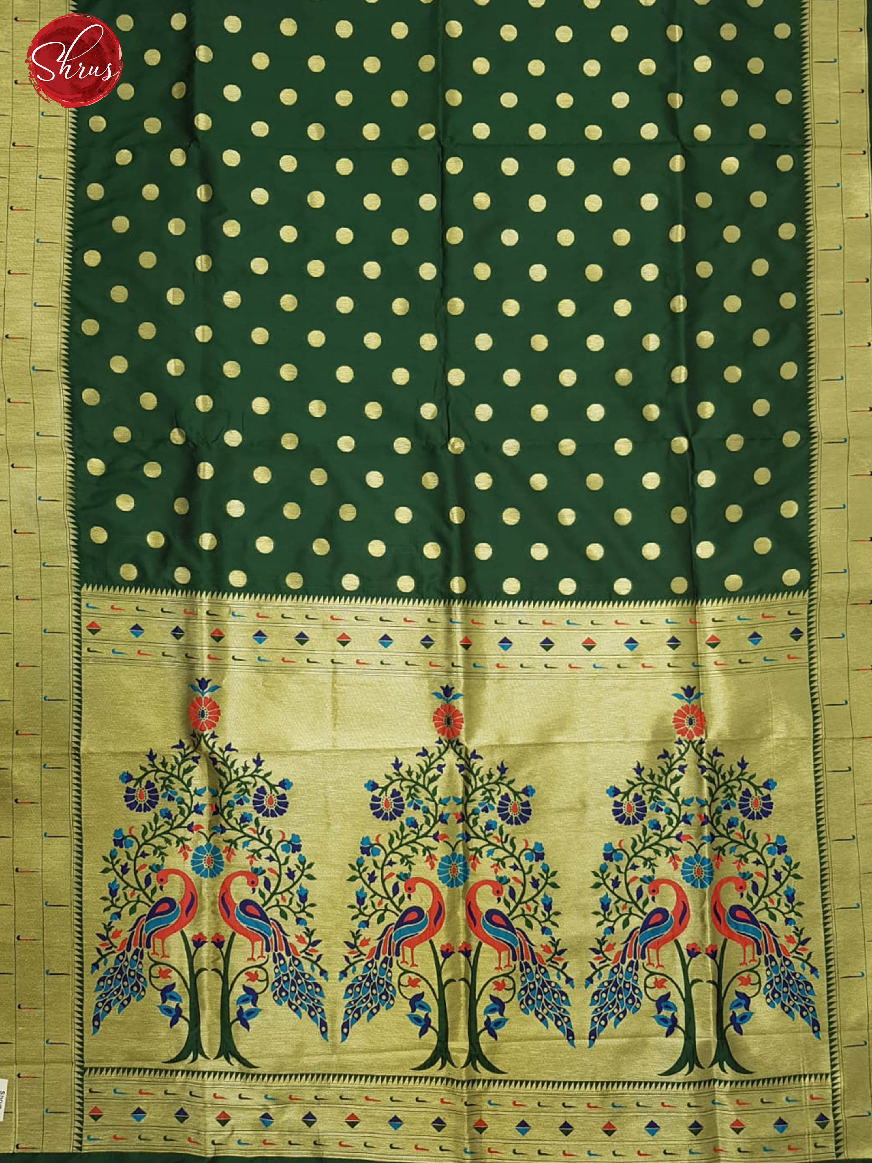 Green(Single Tone)- Semi Paithani with zari woven round buttas  on the body& Zari Border - Shop on ShrusEternity.com